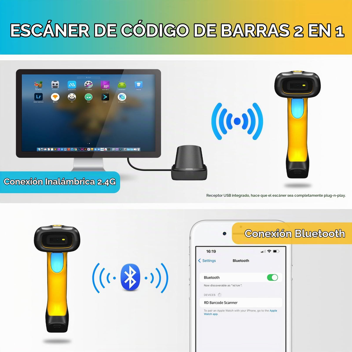 Escáner de Código de Barras NETUM Bluetooth Industrial Negro Mejorado con Protección contra Caídas y Base de Carga Inalámbrica de 2600 mAh 2D 1D manos libres