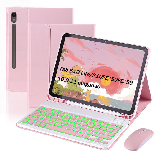 Funda Teclado Samsung Rosa Retroiluminación 7 Colores Teclado Extraíble con Ratón para Galaxy Tab S10 Lite/FE/S9 10.9-11 Pulgadas (Español Ñ)