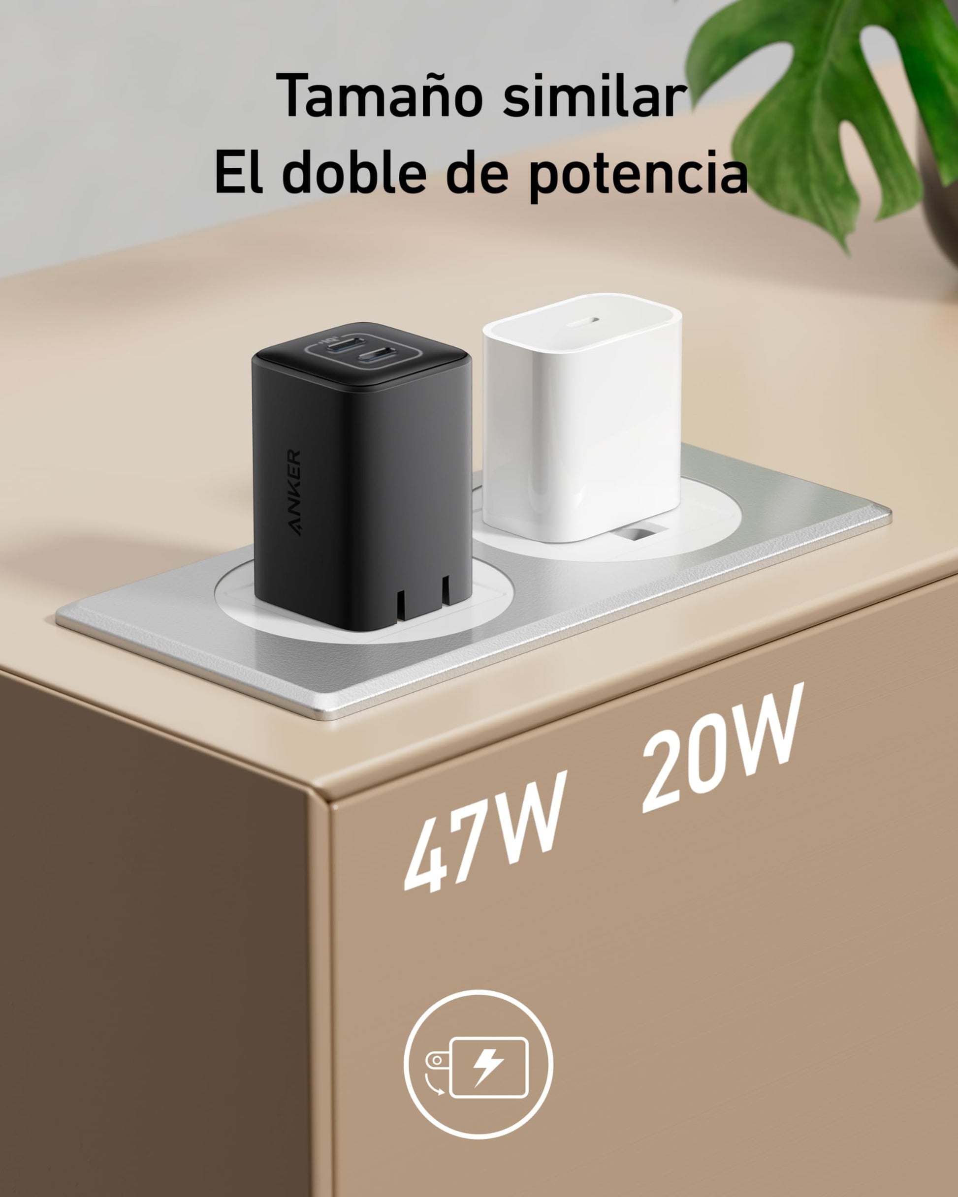 Cargador USB-C Anker Blanco GAN Compacto de 47 W y 2 Puertos para iPhone y Galaxy