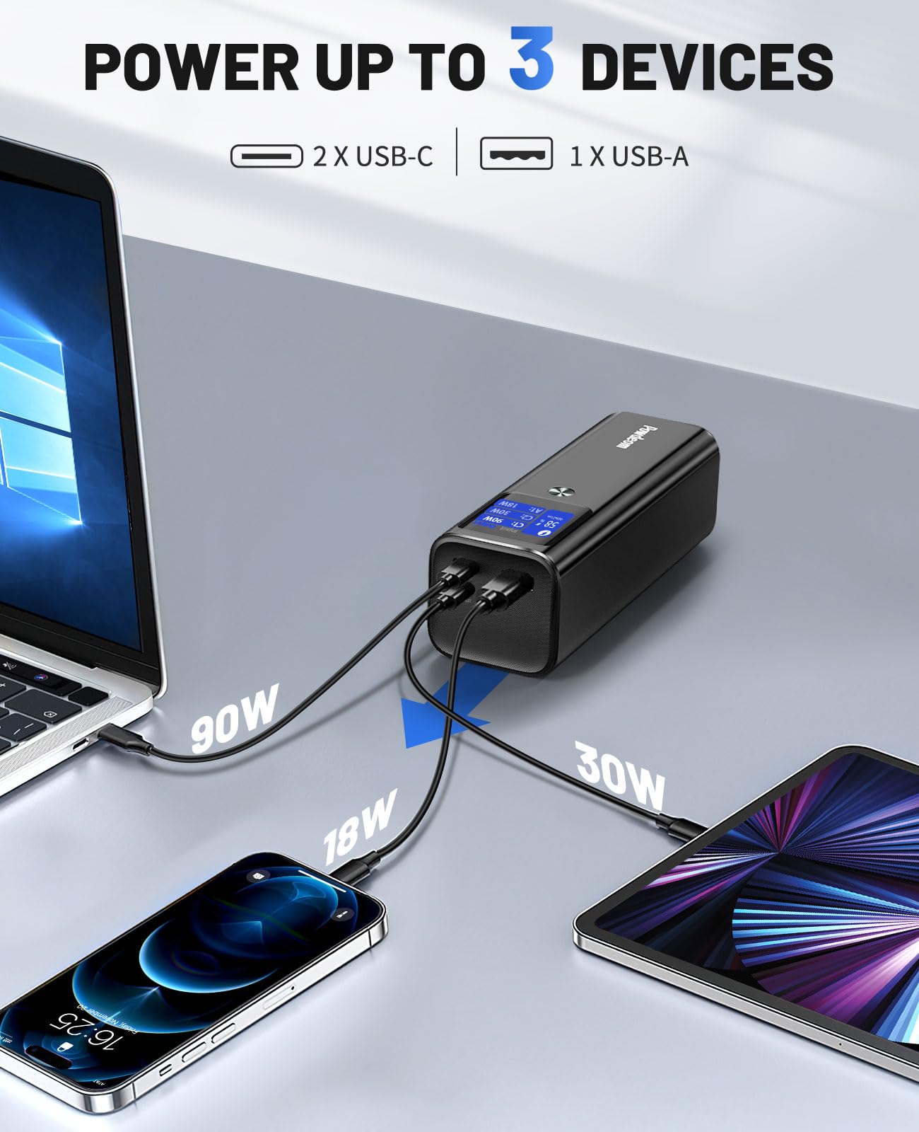 Banco de Energía Powdeom 140 W Negro con Visualización Digital Inteligente y Cargador Portátil de 3 Puertos para iPhone 15/14