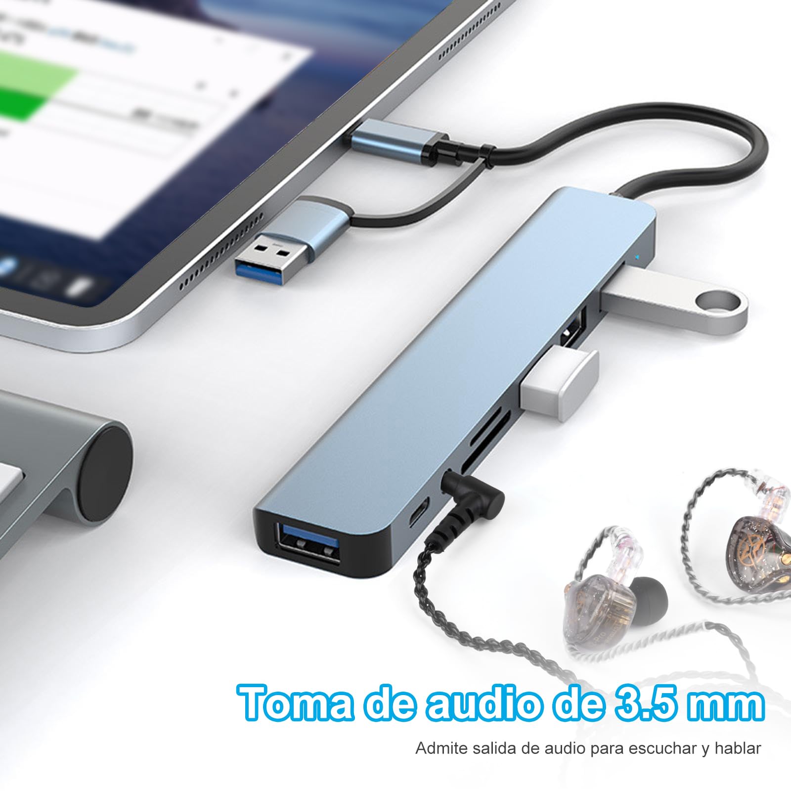 HeiLuon Hub USB C 8 en 1,USB 3.0 con Jack 3.5mm, Adaptador de Puertos USB Múltiple para Laptop, 4 Puertos USB, 1 Puerto USB-C, Lector de Tarjetas TF & SD, Compatible con MacBook, ProPad y Tablets