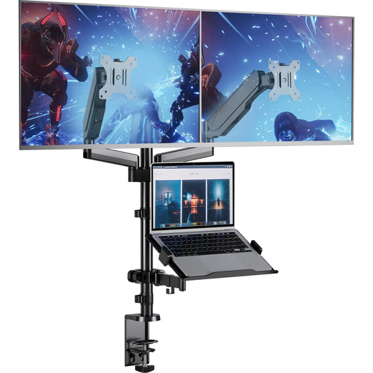 Soporte para Monitor y Laptop WALI Negro con Resorte de Gas para Dos Monitores y Bandeja para Laptop