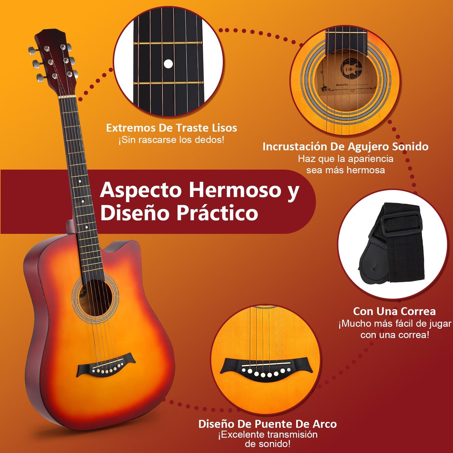 Guitarra Acústica, MTQ Guitarra Acustica con Estuche, Correa, Cuerdas, Púas, Guitarra Acustica de 38 Pulgadas, 6 Cuerdas de Metal. (Marrón)