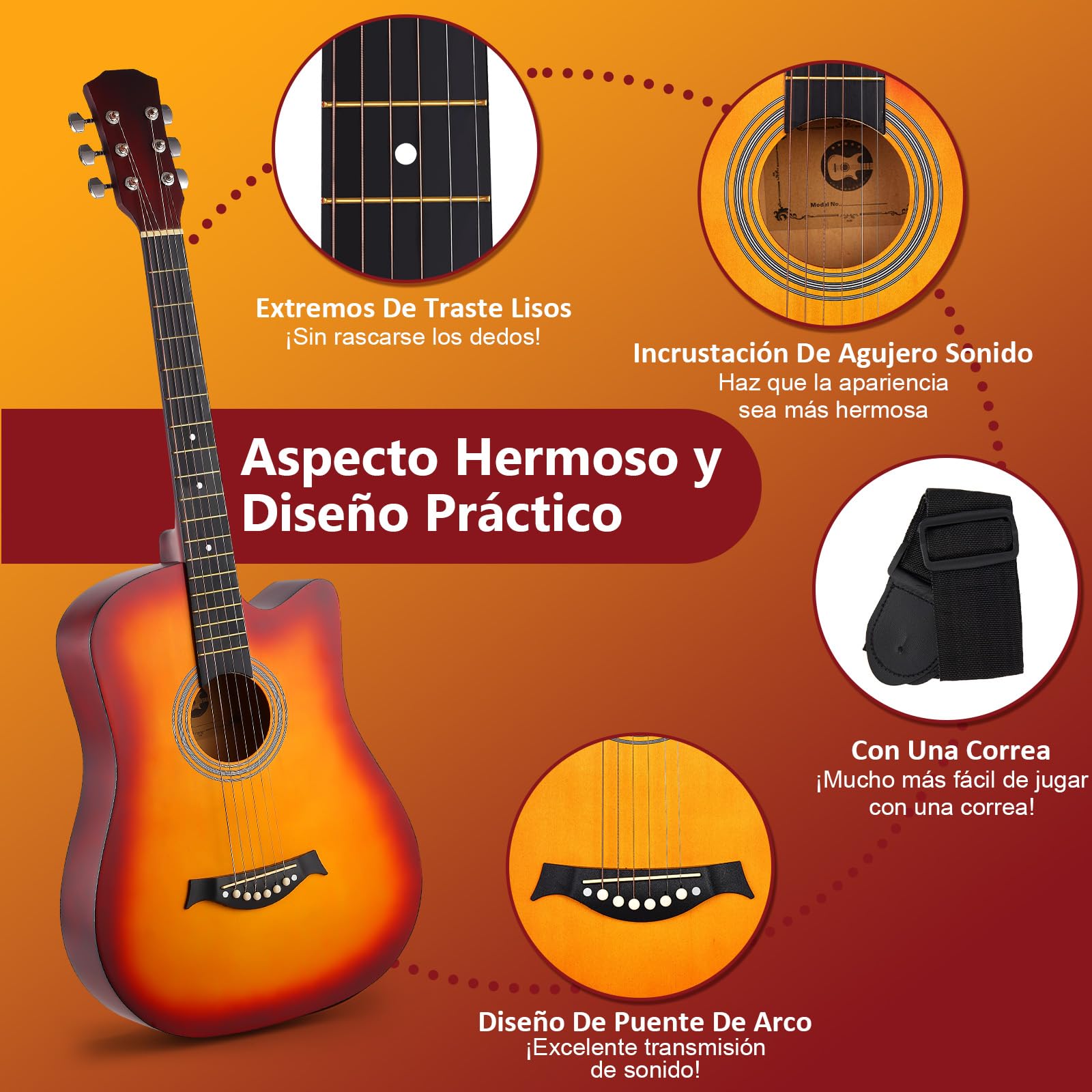 Guitarra Acústica, MTQ Guitarra Acustica con Estuche, Correa, Cuerdas, Púas, Guitarra Acustica de 38 Pulgadas, 6 Cuerdas de Metal. (Marrón)