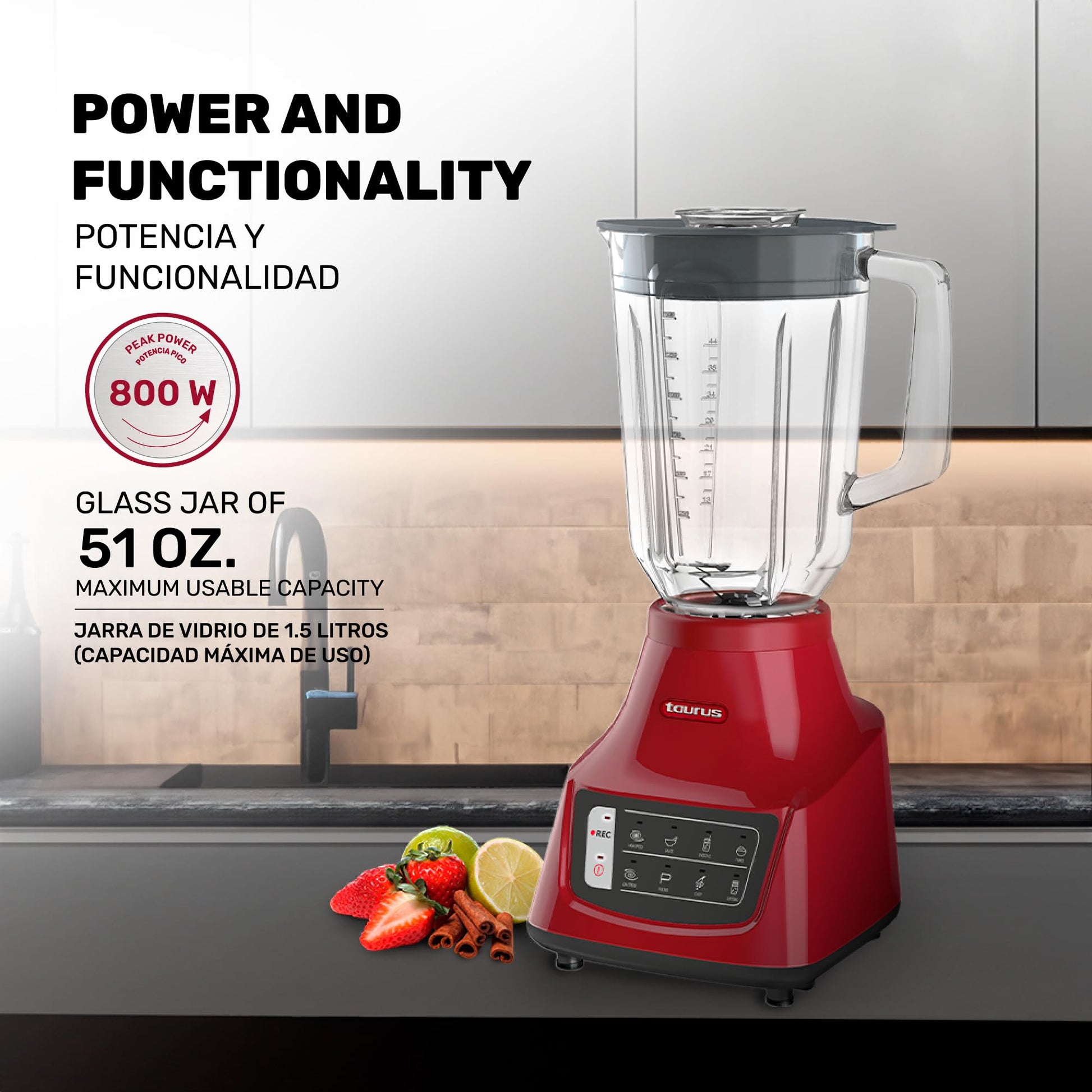 Licuadora Taurus Grandeur Touch REC Negra con Función Programable y Cuchillas de Acero Inoxidable