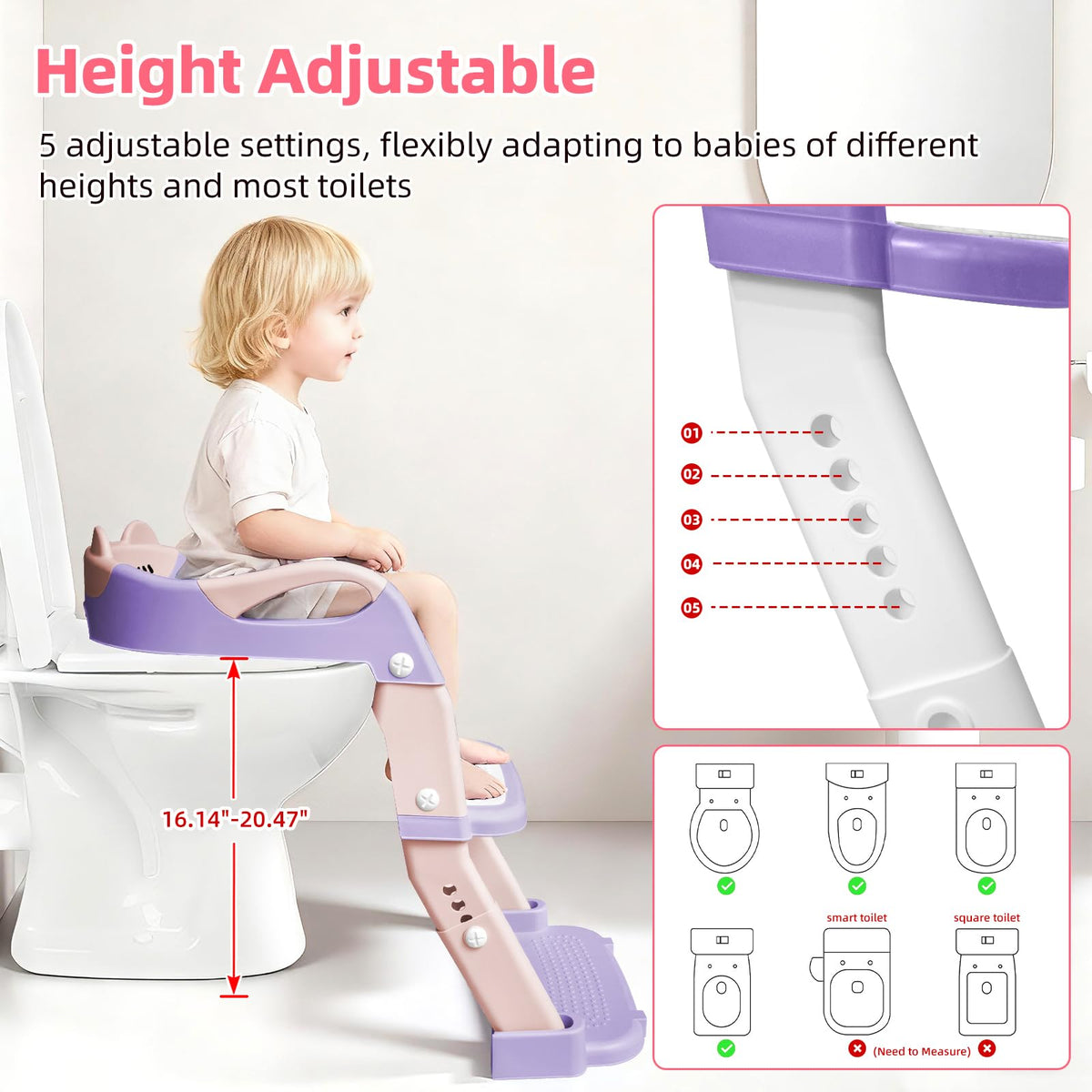 Asiento de entrenamiento para ir al baño, asiento de inodoro para niños y niñas, inodoro 3 en 1 con taburete de escalón, antideslizante plegable (morado + rosa)