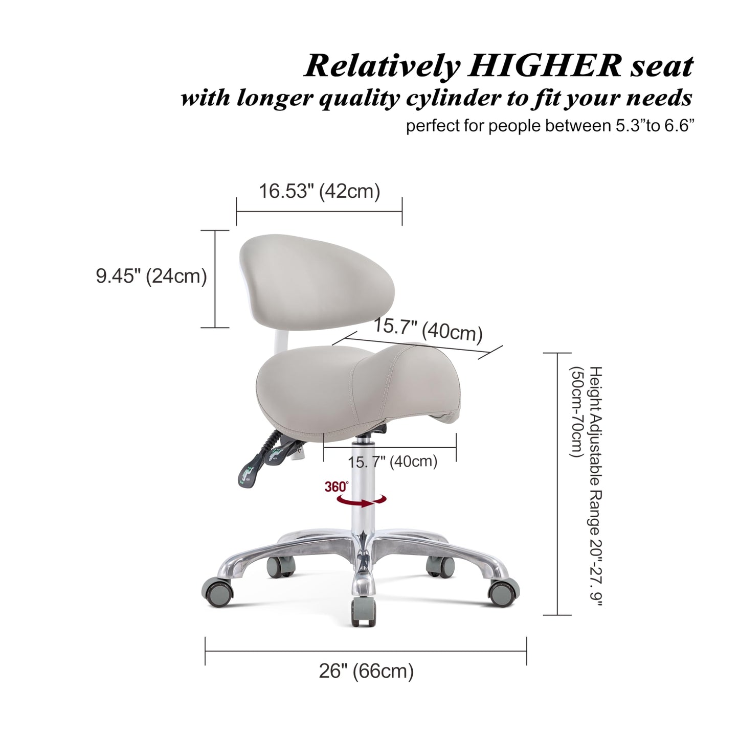 HNKastela - Sillín rodante con soporte trasero, silla ergonómica de altura ajustable con ruedas para higienista dental, salón, esteticista