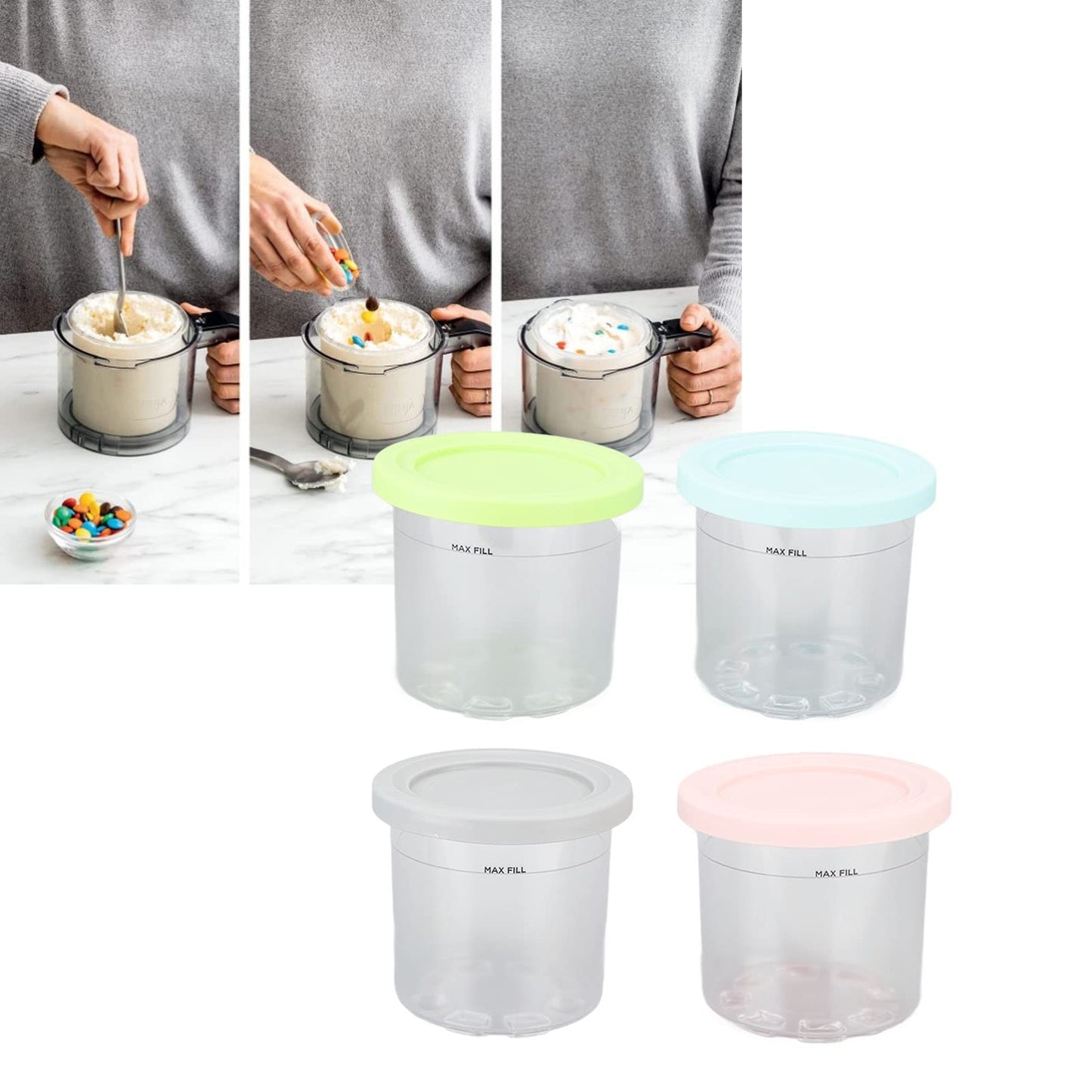Contenedor de Pinta de Helado de Repuesto para Pintas y Tapas, Paquete de 4, Vasos de 20 Oz Compatibles con NC299AMZ y NC300s Series Ice Cream Maker, Apto para Lavavajillas
