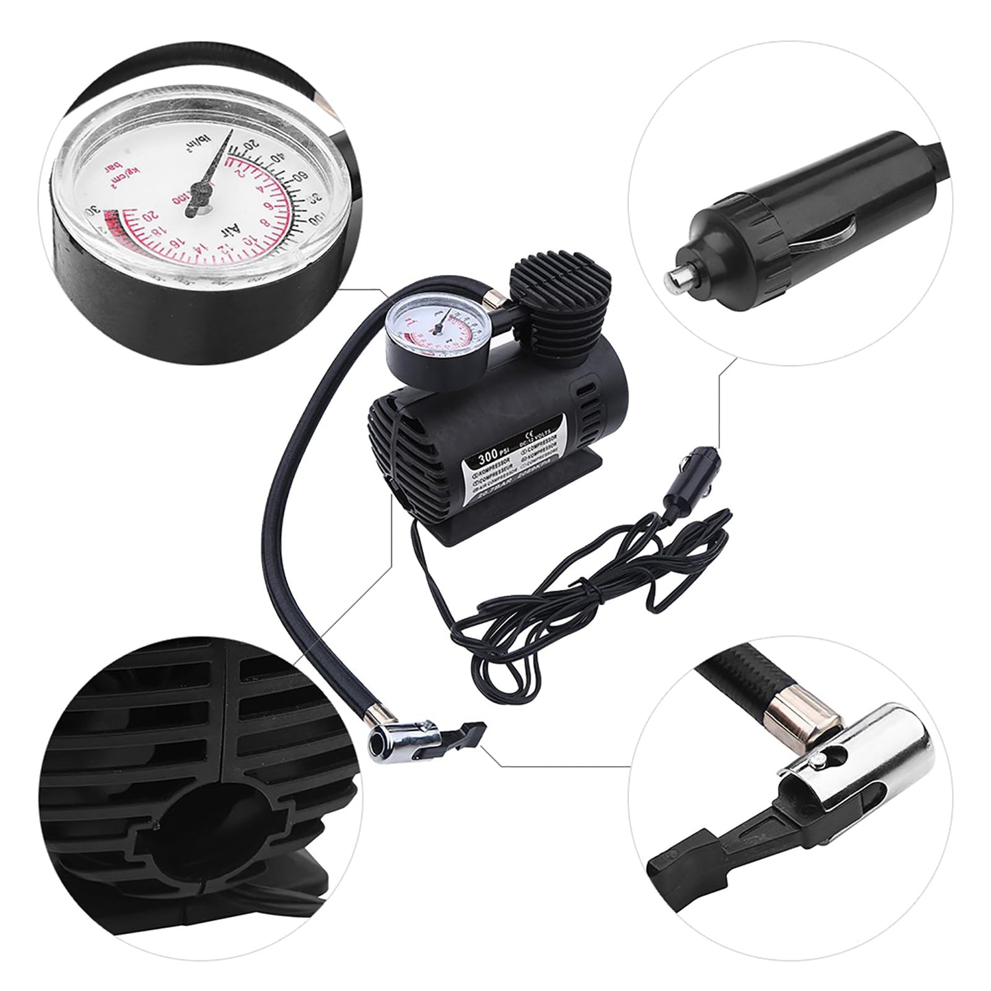 TOPINCN Mini Compresor de Aire con Detector de Presión, Bomba de Neumáticos de Coche de 12 V 300 PSI para Bicicletas, Coches, Motocicletas Compresores de Aire Infladores