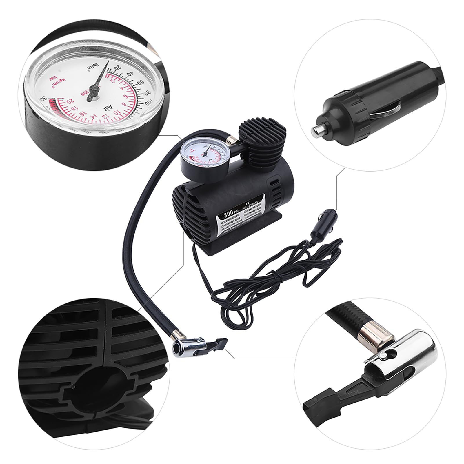 TOPINCN Mini Compresor de Aire con Detector de Presión, Bomba de Neumáticos de Coche de 12 V 300 PSI para Bicicletas, Coches, Motocicletas Compresores de Aire Infladores