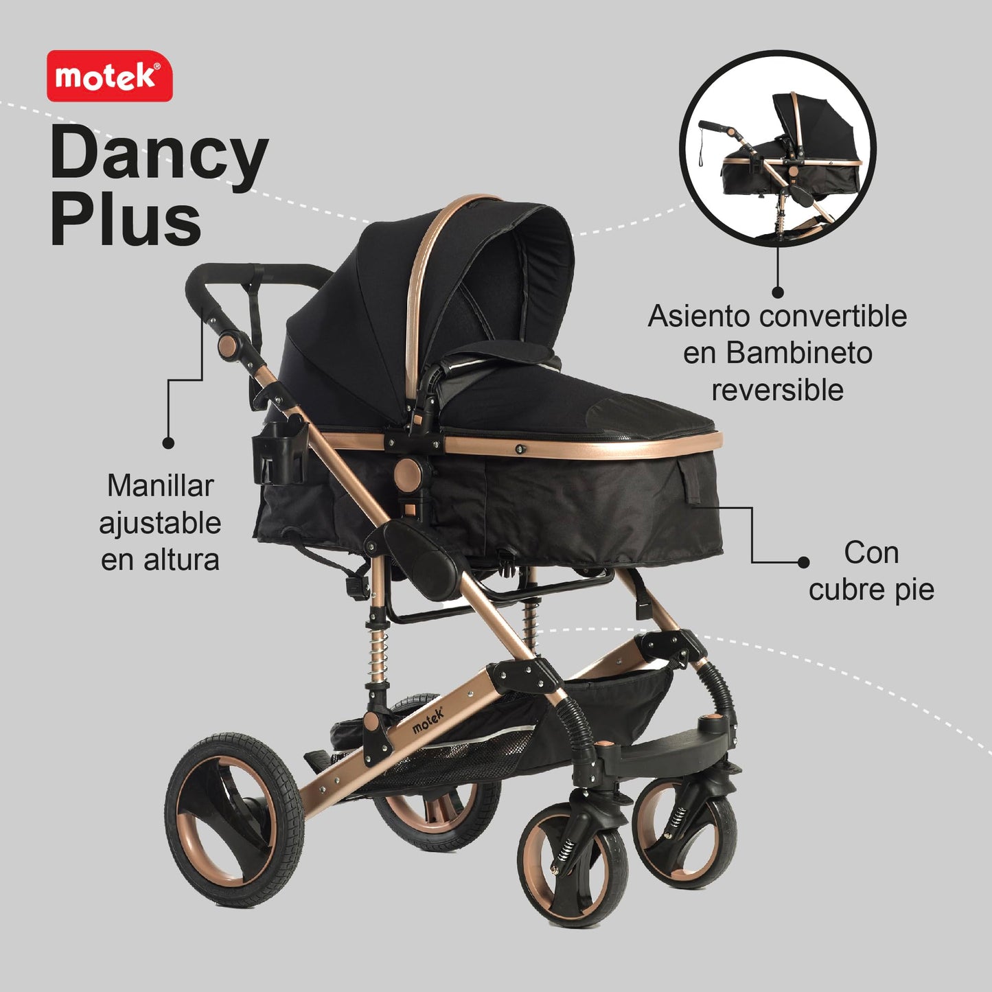 Carriola Bebe Motek Dan Plus 3 en 1 Portabebe Aluminio Dorado