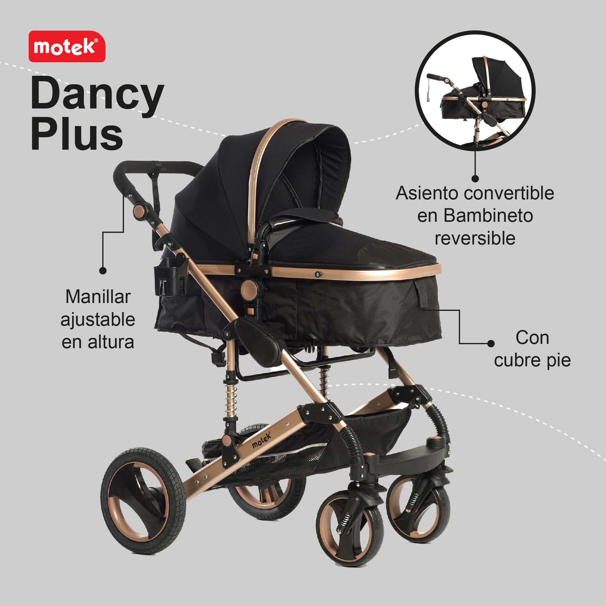 Carriola Bebe Motek Dan Plus 3 en 1 Portabebe Aluminio Dorado