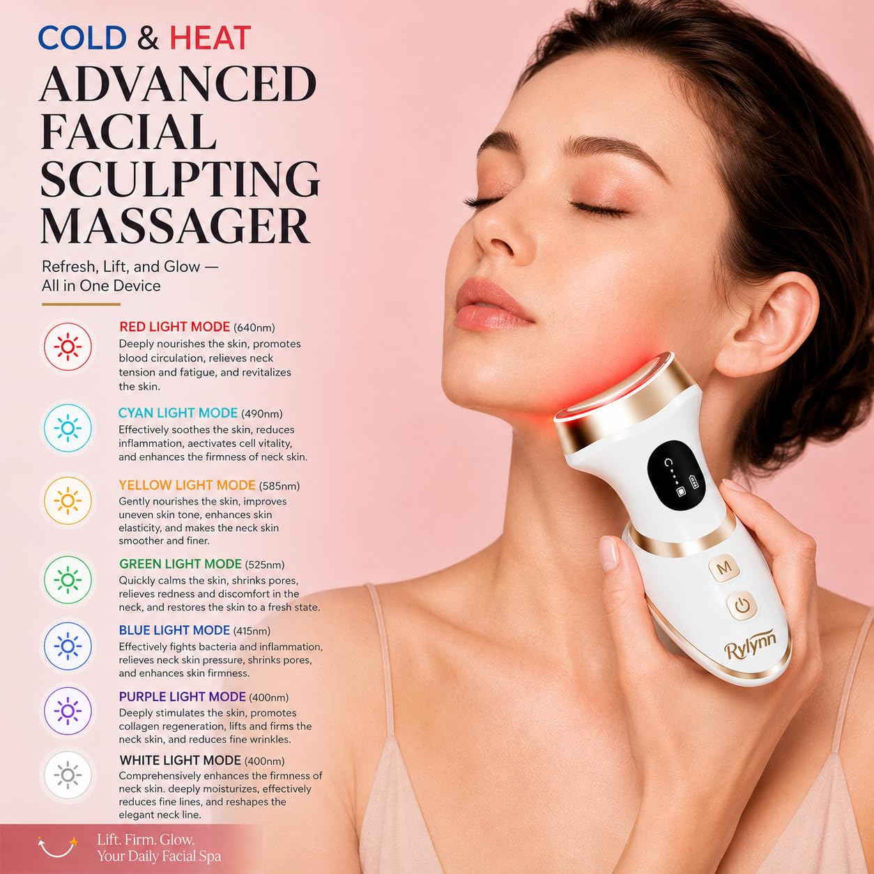 Rylynn Masajeador facial y corporal de frío y calor, herramienta de escultura de curva ancha para desinflamar el rostro y reafirmar el cuello y el pecho, con 7 modos de vibración táctil inteligente y