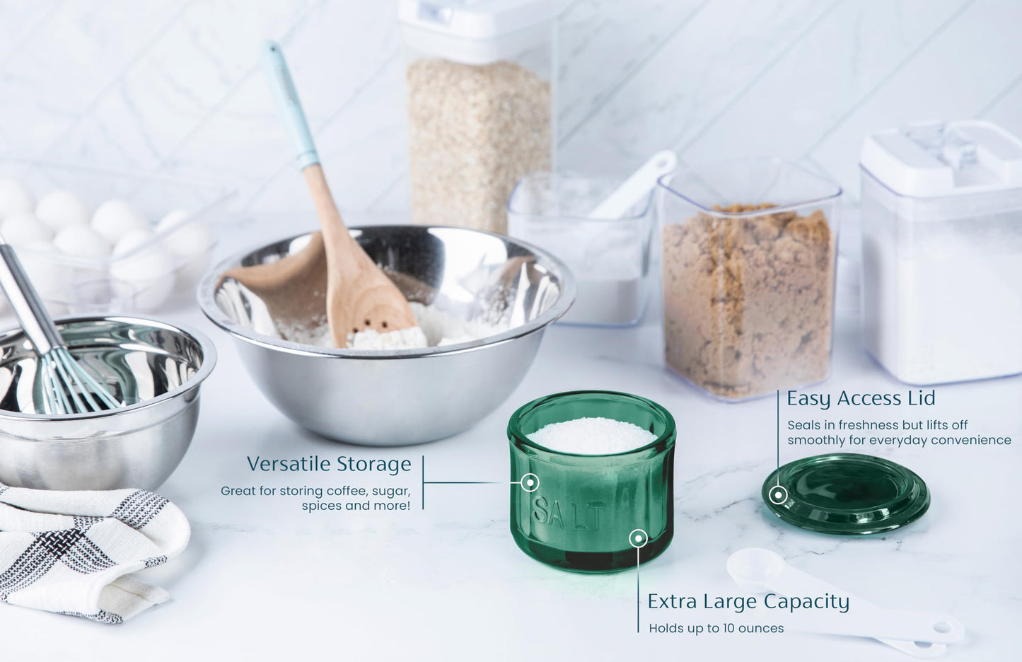 KooK Salero de vidrio con tapa, vidrio prensado en relieve, recipiente de almacenamiento transparente, para café, azúcar, especias y dulces, 296 ml (color verde esmeralda)