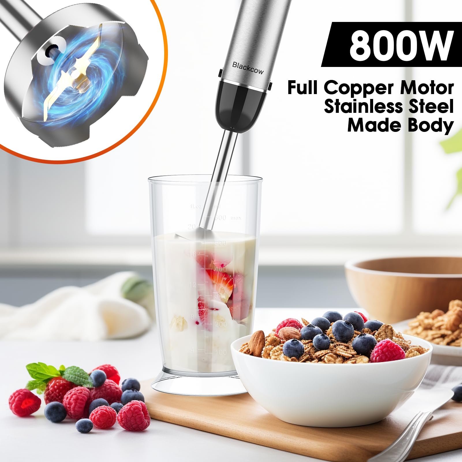 Batidora de inmersión de mano para cocina, licuadora de emulsión de mano con cuchillas de titanio, mezclador de mano eléctrico de 12 velocidades con accesorios sin BPA, tazón de picador, batidor,