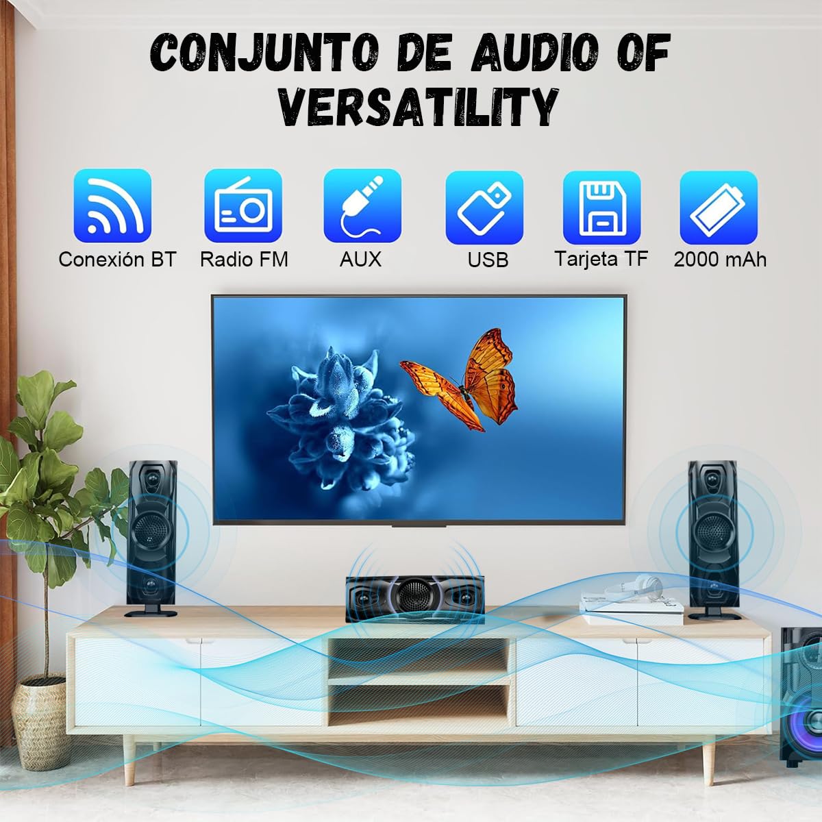 D&M Y14 Sonido Teatro en casa,con Subwoofer - Sistema de Sonido Envolvente 3 en 1 Separado,para TV Juegos de PC HD-ARC/BT 5.4/óptica/AUX/USB Conexión 5 Modos EQ Graves Profundos