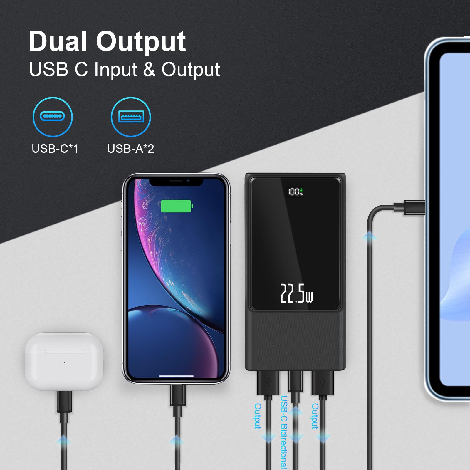 INTELIFE Power Bank 22.5W 20000 mAh Pila Portátil de Carga Rápida,USB-C 20W y Salida de USB-A 22.5w Banco de Batería Delgada Pantalla LED Compatible con iPhone 16/15/14 Serie, Android, Samsung,etc.