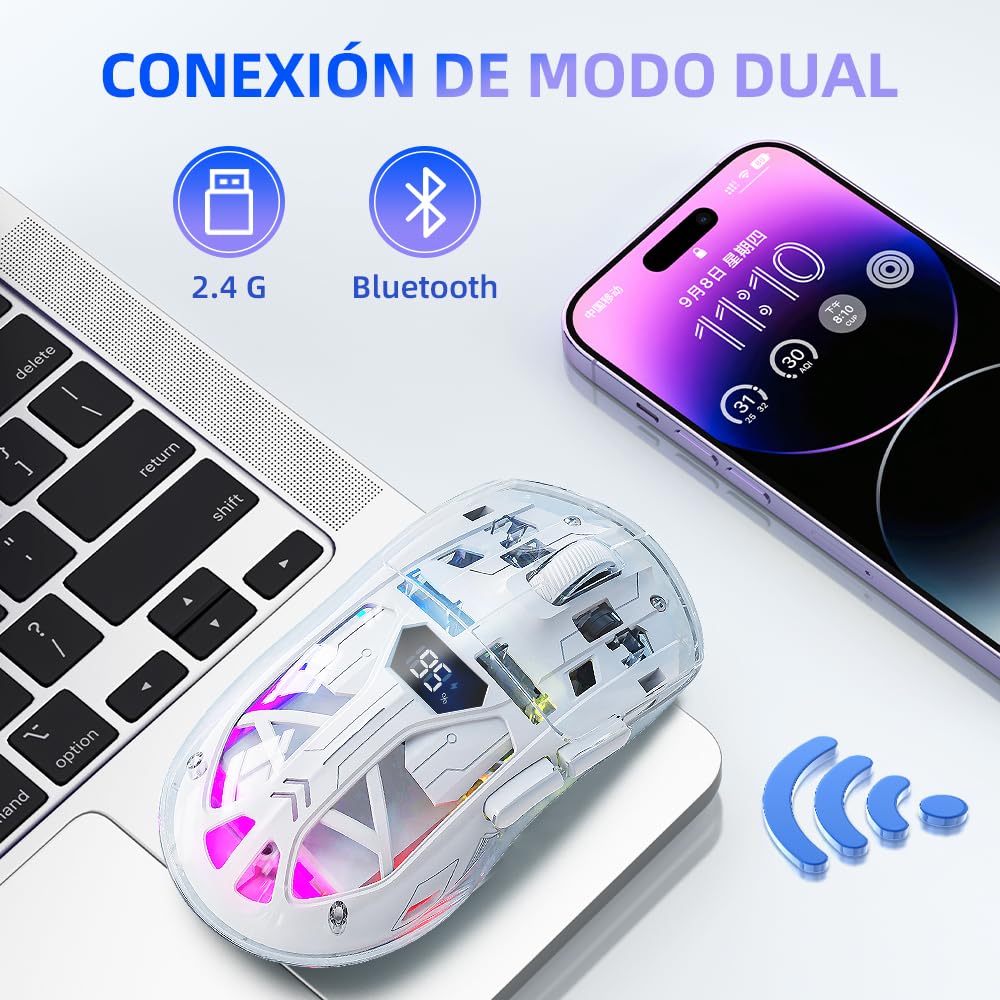 Free Wolf Mouse Inalámbrico A2, Bluetooth y 2.4GHZ Dual Modos, Ratón Recargable con Pantalla de Batería, 4000DPI Ajustable Transparente RGB Mouse Gamer