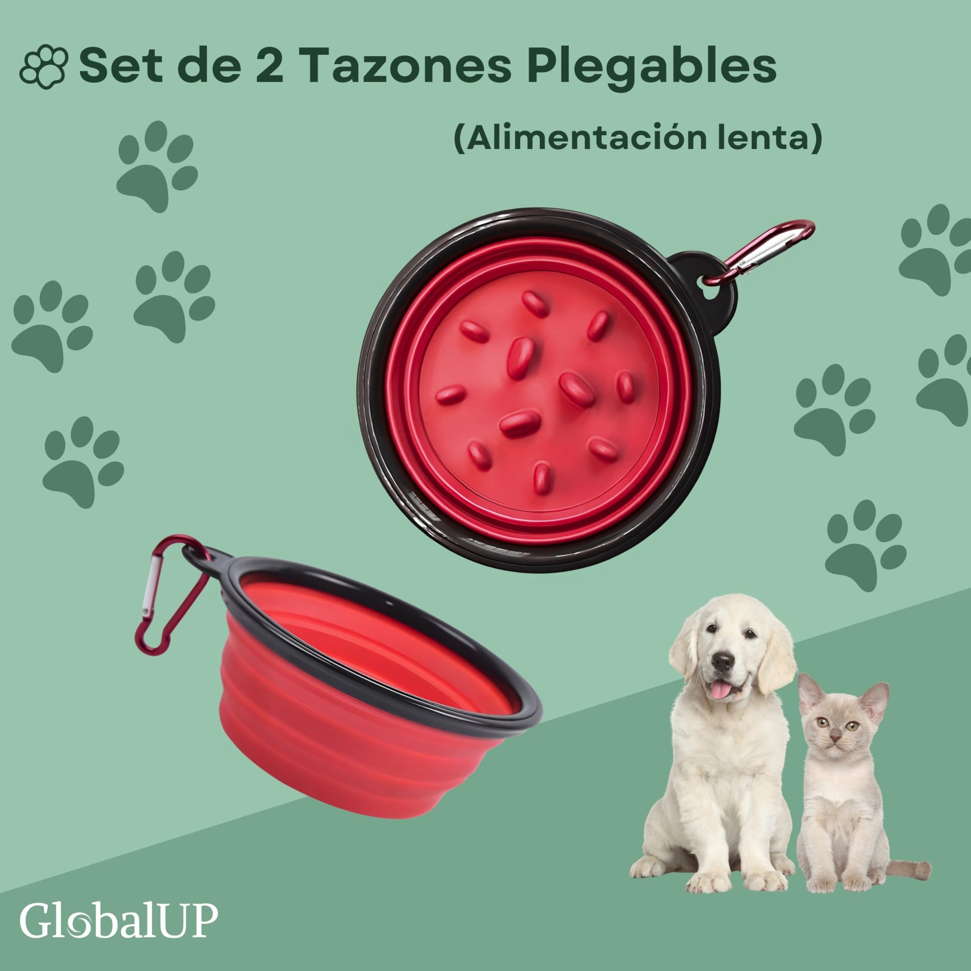 GlobalUP Plato para Perro, Bebedero para Perro. Contenedor para croquetas Plegable. Tazon para alimento y Agua para Mascotas retractil Gato y Perro, fácil de Limpiar. (Rojo, S/M)