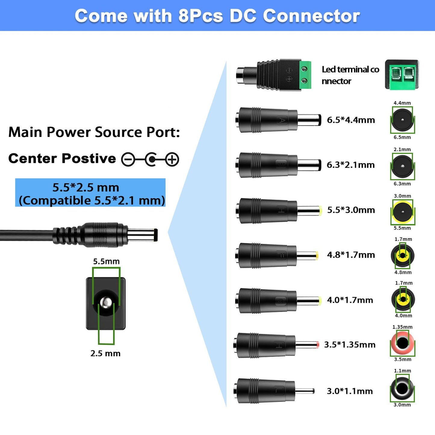 TKDY - Cable de Fuente de alimentación para Monitor de 12 V 5A, Adaptador de Corriente alterna de 12 V, 5A, 4A, 3A CC, Compatible con Monitor LCD de 12 V CC, cámaras de Seguridad CCTV CCTV, Tira de