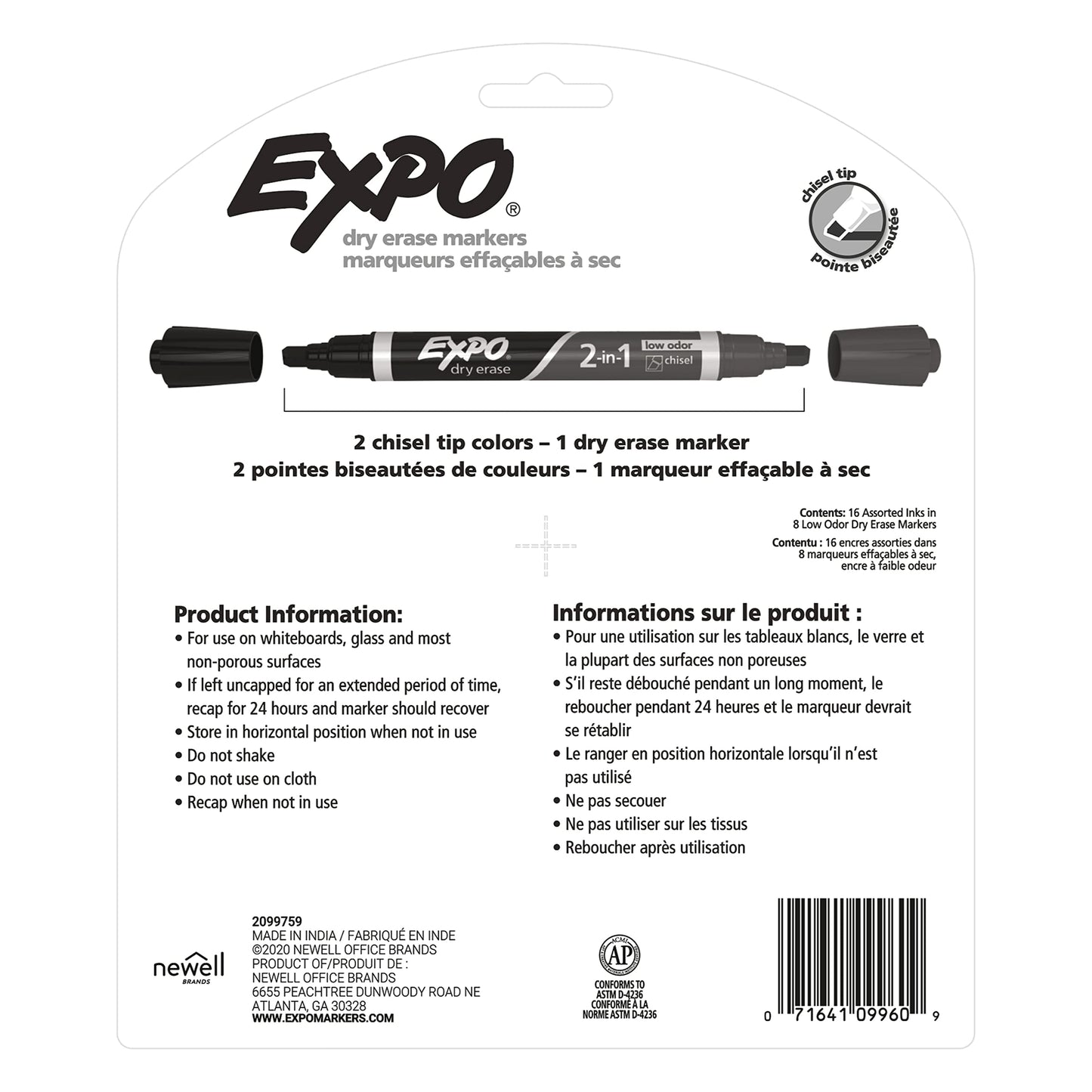 EXPO - Rotuladores de borrado en seco 2 en 1, punta de cincel, surtido de 8 unidades