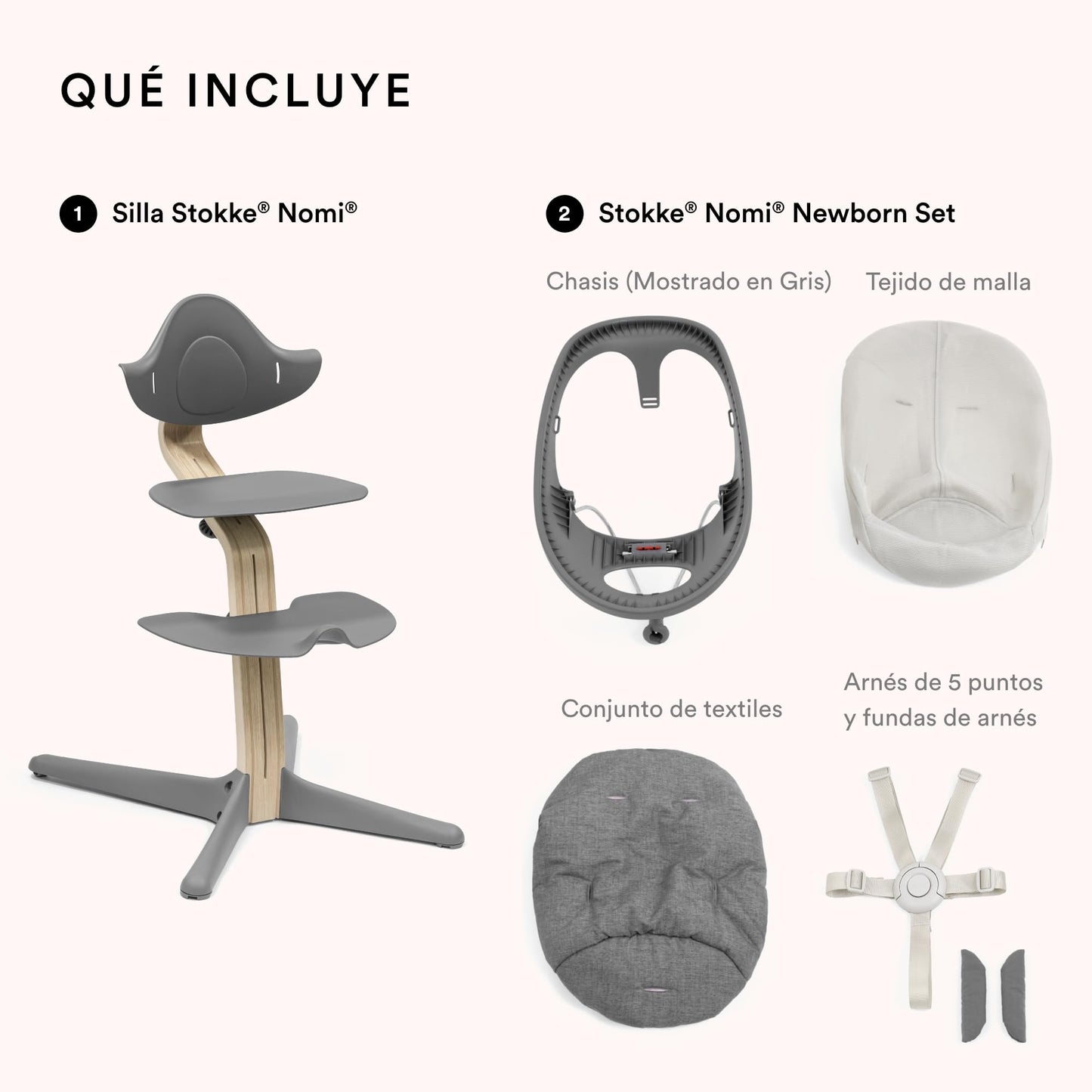 Stokke Nomi Sillar (Gris) + Newborn Set (Gris/Azul Grisáceo) - Incluye un Arnés de Seguridad de Cinco Puntos y Un Set de Tela Reversible y Lavable - Soporta hasta 150 kg