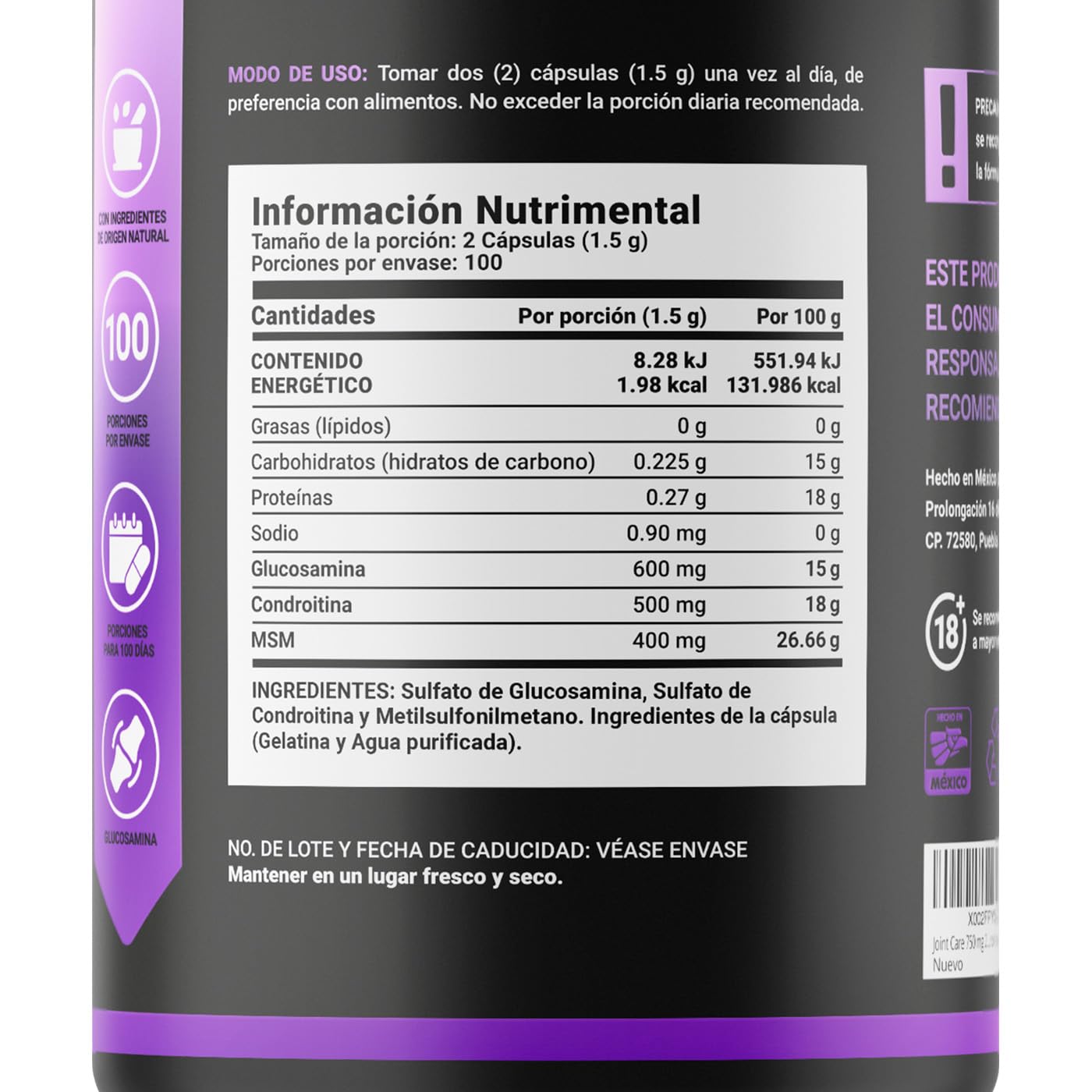 B Life Company Glucosamina, Condroitina y MSM 200 Cápsulas 1500 mg por porción. Ingredientes Naturales. Joint Blend.