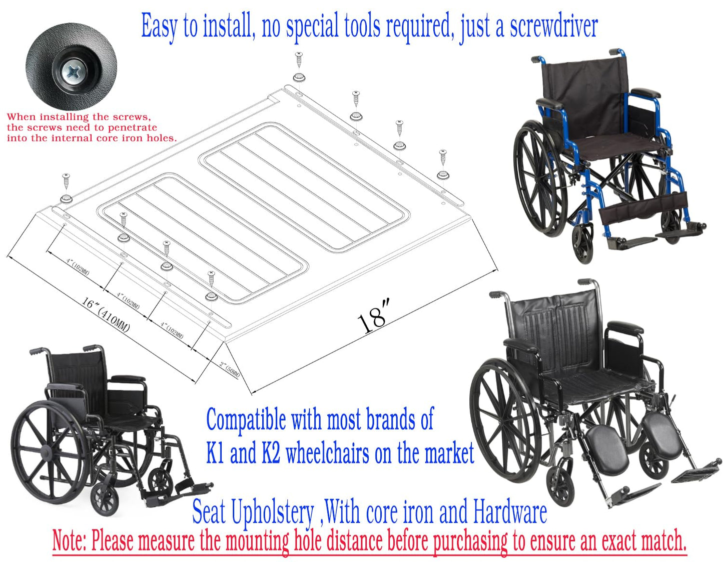 ForconMed Silver Sport 2 Cojín para Silla De Ruedas 18 Pulgadas, Asiento De Repuesto para Silla De Ruedas, Tapicería De Asiento Vinil 18X16”, Relieve, Piezas De Repuesto, con Herrajes, Stds3
