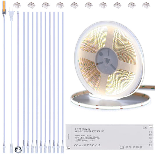 BENLUN 12V Tira LED COB Bajo Mueble Cocina Kit 10 Metri, Luz LED 6000K Blanco Frio, Luces LED Adhesivas Recortable, con Dimmer y Fuente de Alimentación para Vitrina, Armario, Estanteria