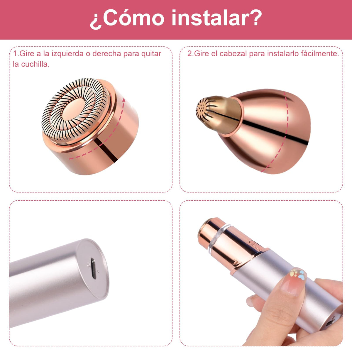 BALYSTOK Depiladora Facial Mujer Flawless con Luz LED, Sin Dolor, Portátil y Recargable, Removedor de Vello Facial para Labios, Cejas, Nariz, Barbilla, Bikini y Axilas, con 2 Cabezales de Repuesto y 1 Cepillo de Limpieza