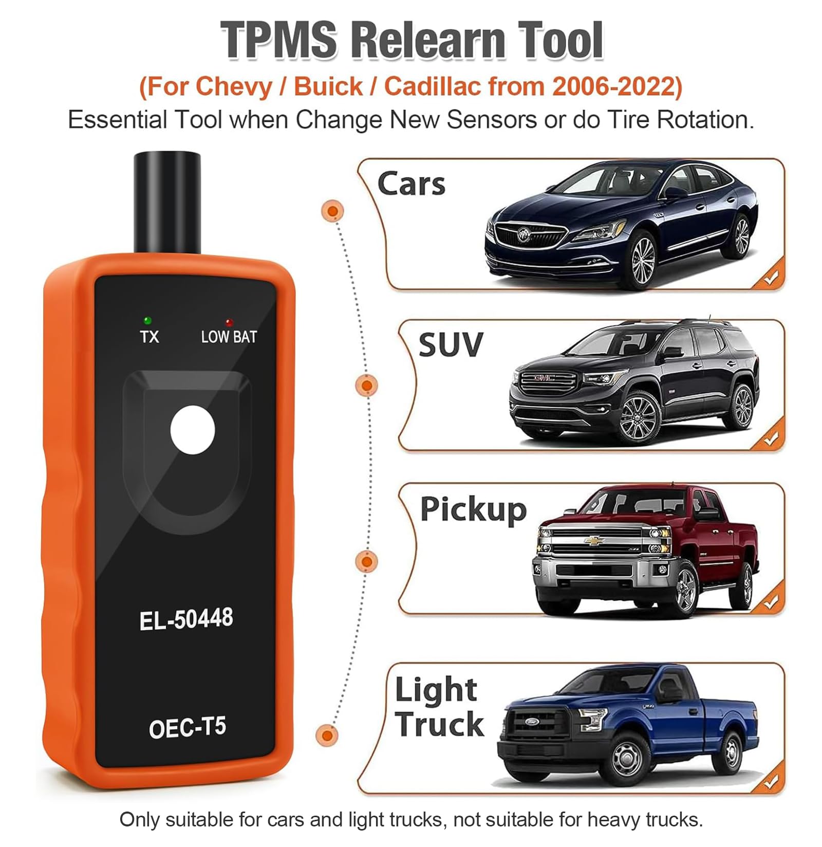 JDIAG EL-50448 TPMS - Herramienta de reinicio para auto monitor de presión de neumáticos, sistema de activación de sensores, herramienta de reinicio TPMS OEC-T5 para vehículos de la serie Buick/Chevy
