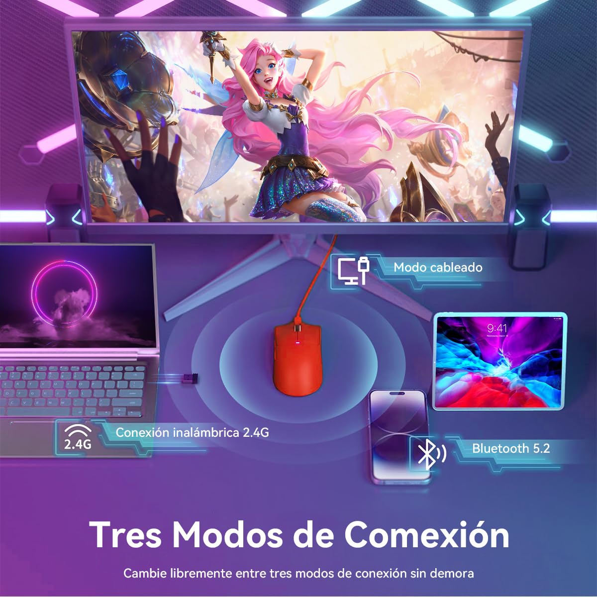 ATTACK SHARK X11 Mouse Inalámbrico con Base de Carga RGB, Mouse Gamer Ultraligero para Juegos, 2.4 GHz/Bluetooth/USB-C de 3 Modos, 24000DPI, 5 Botones programables para PC/Mac