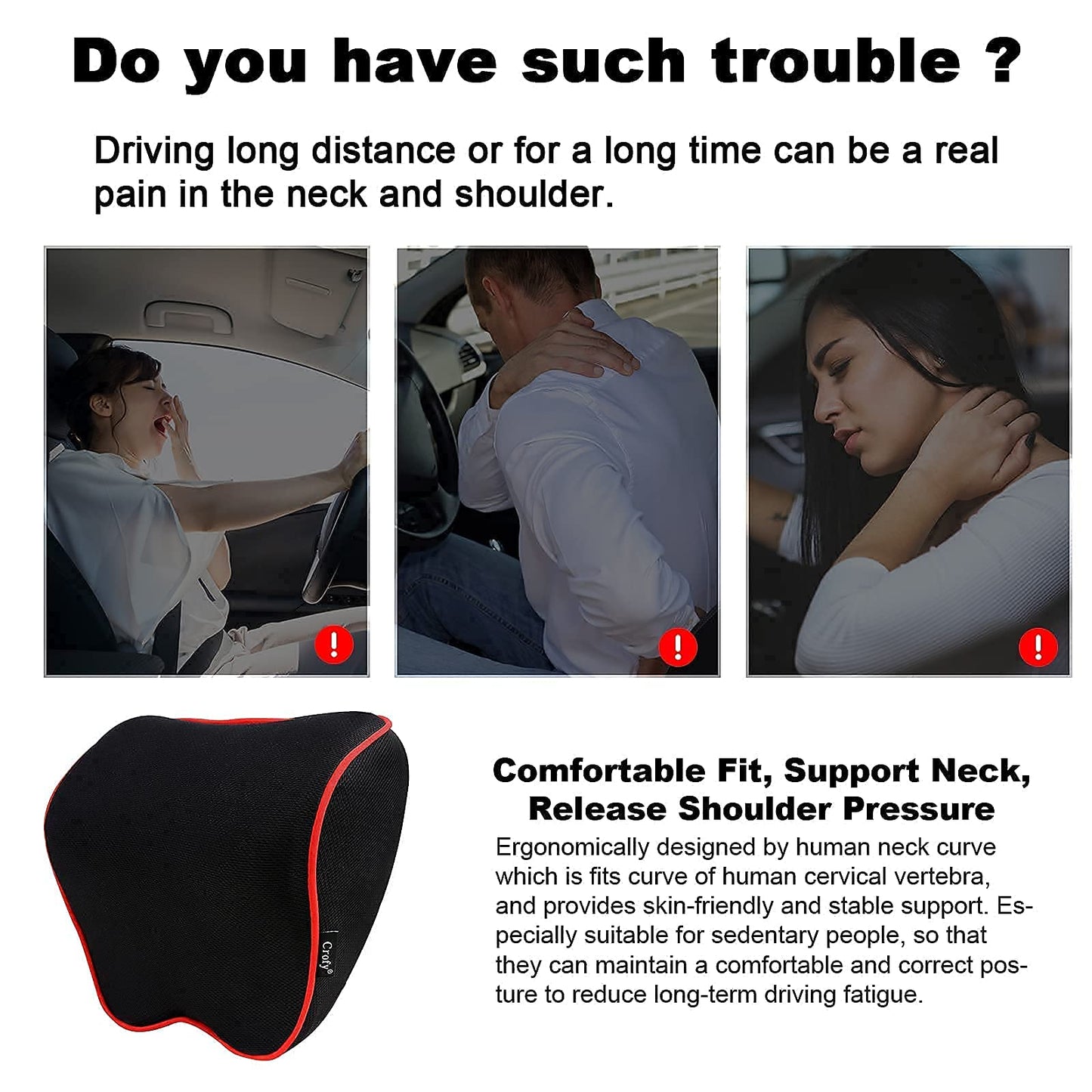 Crofy - Paquete de 2 almohadas para el cuello del coche, suave reposacabezas de coche para conducir con correa ajustable, 100% espuma viscoelástica y funda extraíble transpirable, diseño ergonómico
