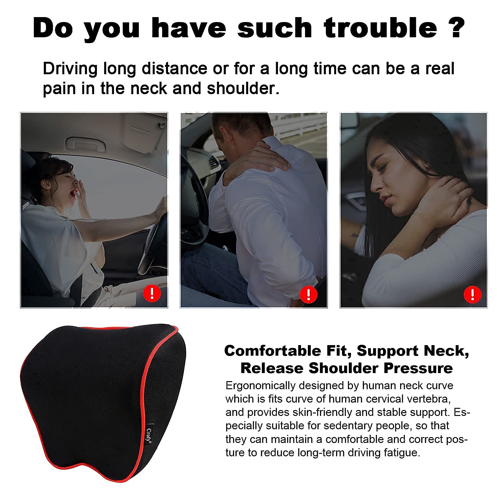 Crofy - Paquete de 2 almohadas para el cuello del coche, suave reposacabezas de coche para conducir con correa ajustable, 100% espuma viscoelástica y funda extraíble transpirable, diseño ergonómico