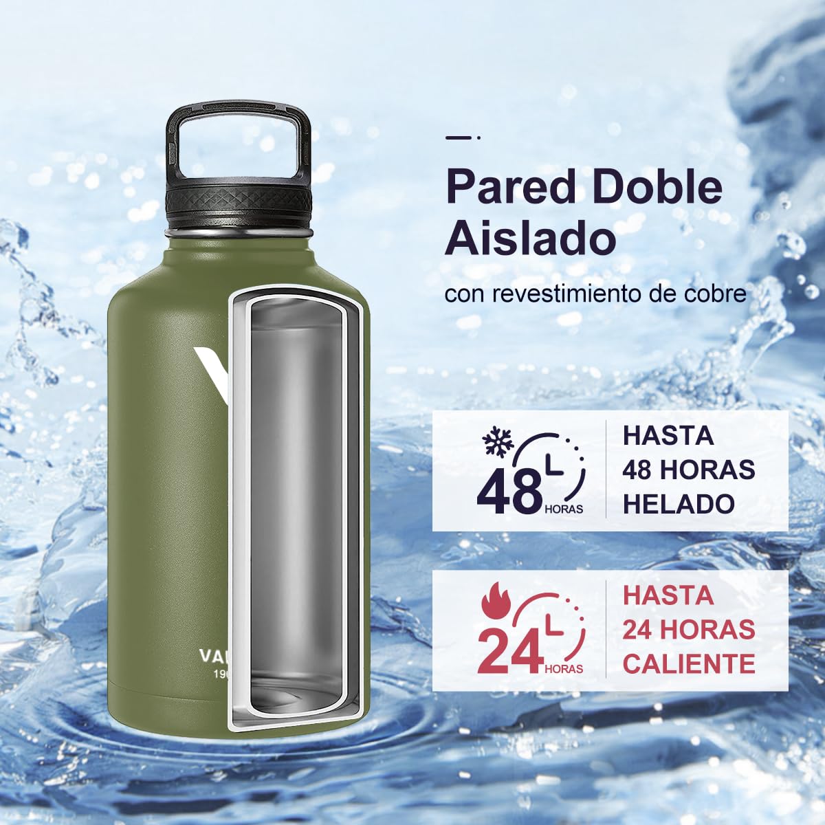 Termo de Acero Inoxidable con Asa Verde Militar Doble Pared Tapa Hermética Antigoteo 1900ml