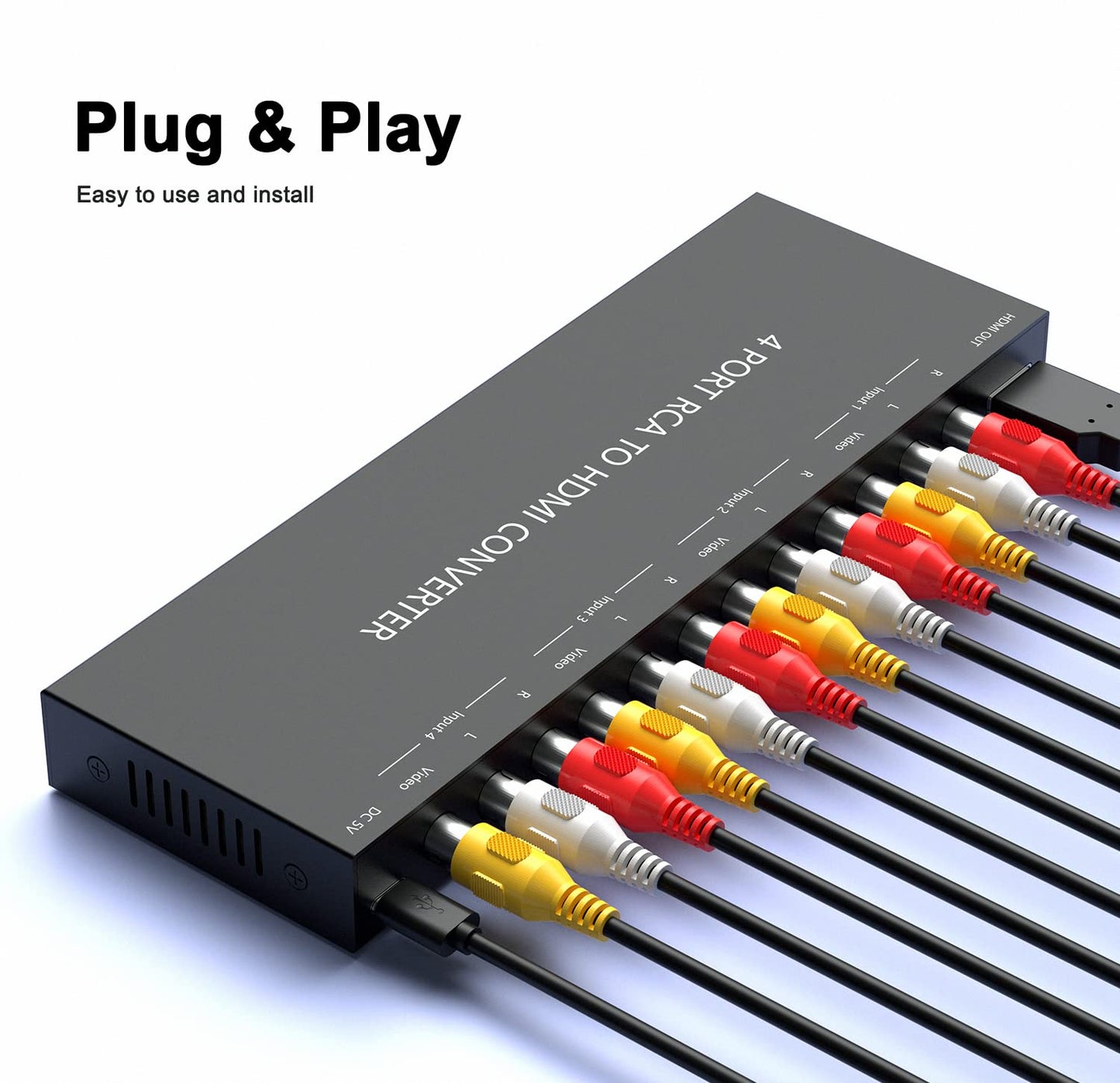 LVY - Convertidor RCA a HDMI de 4 puertos, compatible con 720/1080P, conmutador 16:9/4:3 compatible con Wii, N64, PS2, PS3, VHS, VCR, reproductores de DVD (4 entradas AV, 1 salida HDMI)