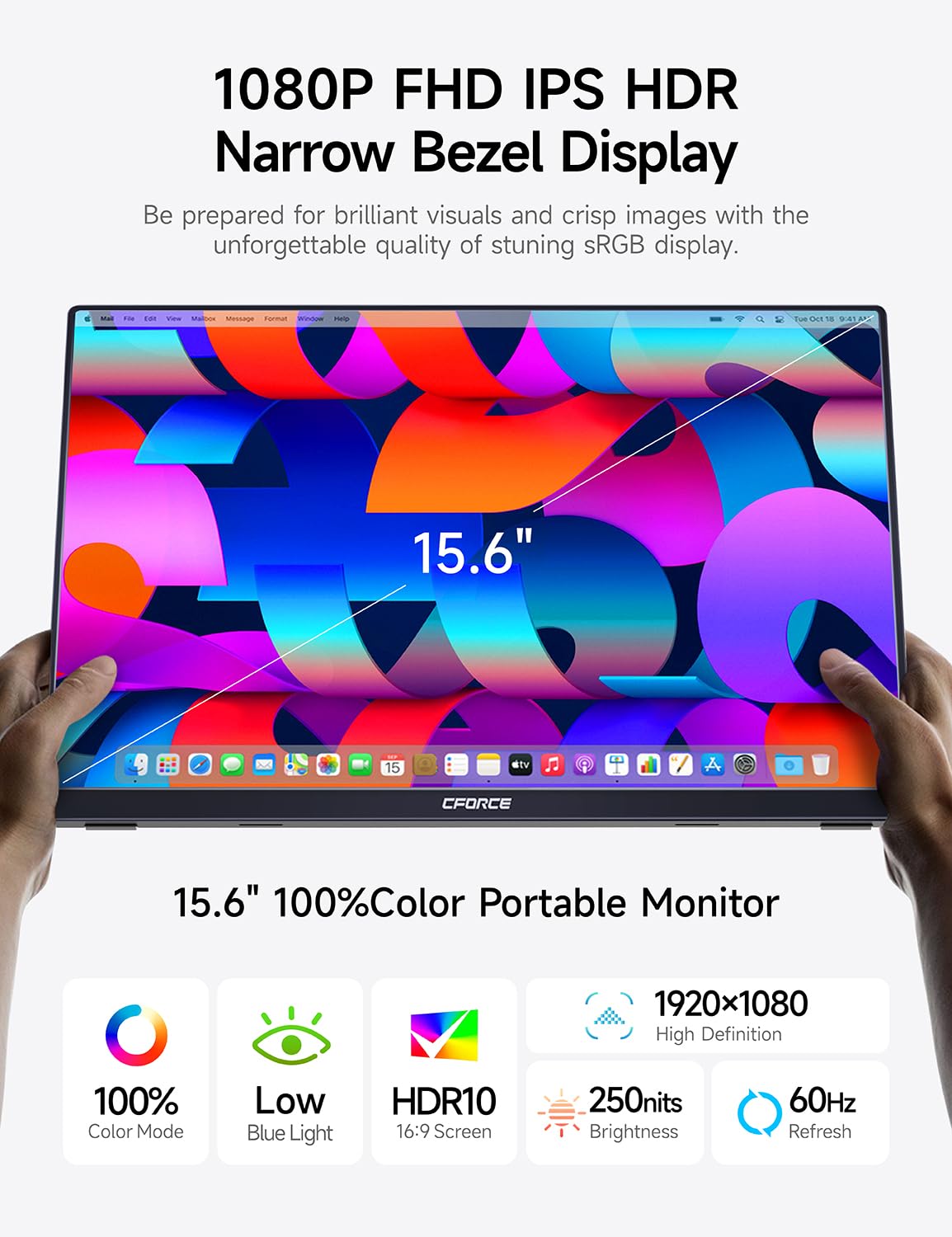 c-force - Monitor portátil ultradelgado portátil de 15.6 pulgadas, visualización externa FHD 1080P con altavoces duales, segunda visualización para portátil, Mac, PC, teléfono, Xbox PS4, PS5