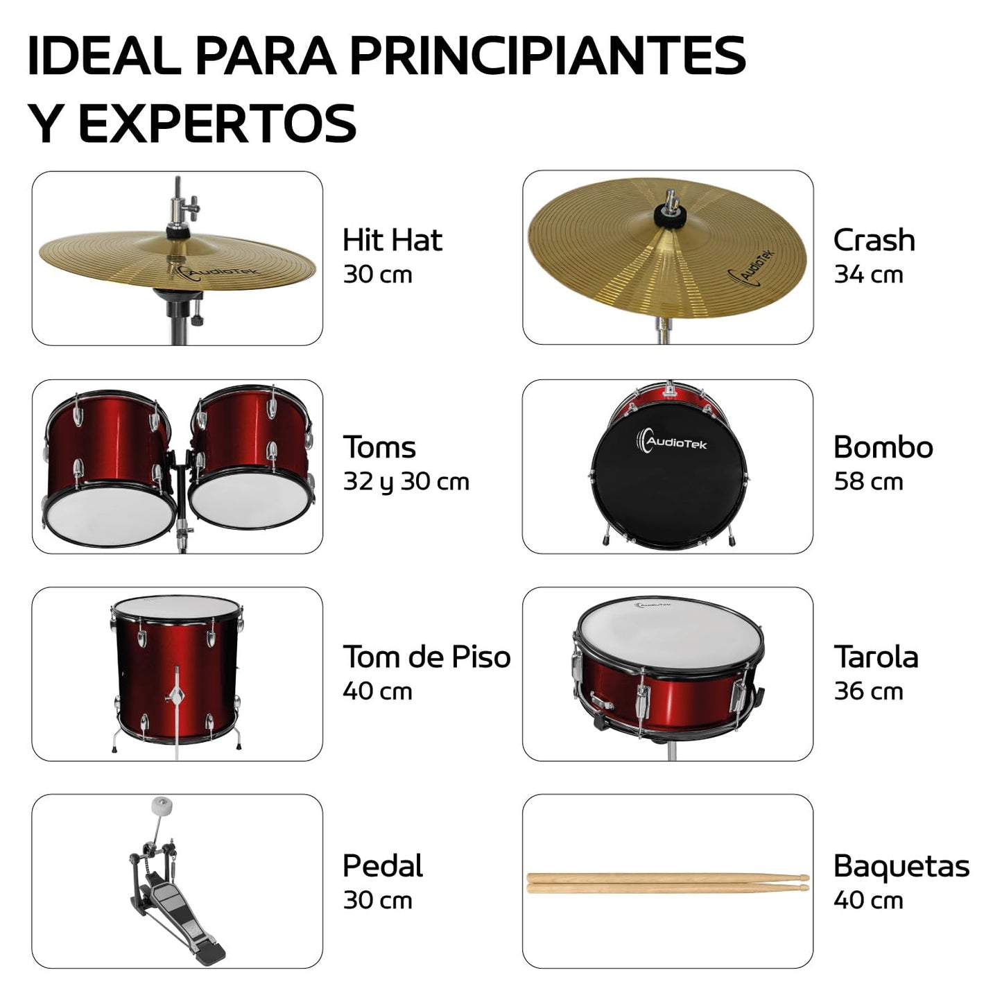 AUDIOTEK Bateria Acustica 5 Piezas Completo Platillos Atriles Bombo 23 Pulgadas Toms Redoblante Tambor de Piso Baquetas Incluidas Kit Musical Semi Profesional para Principiantes y Adultos (Rojo)