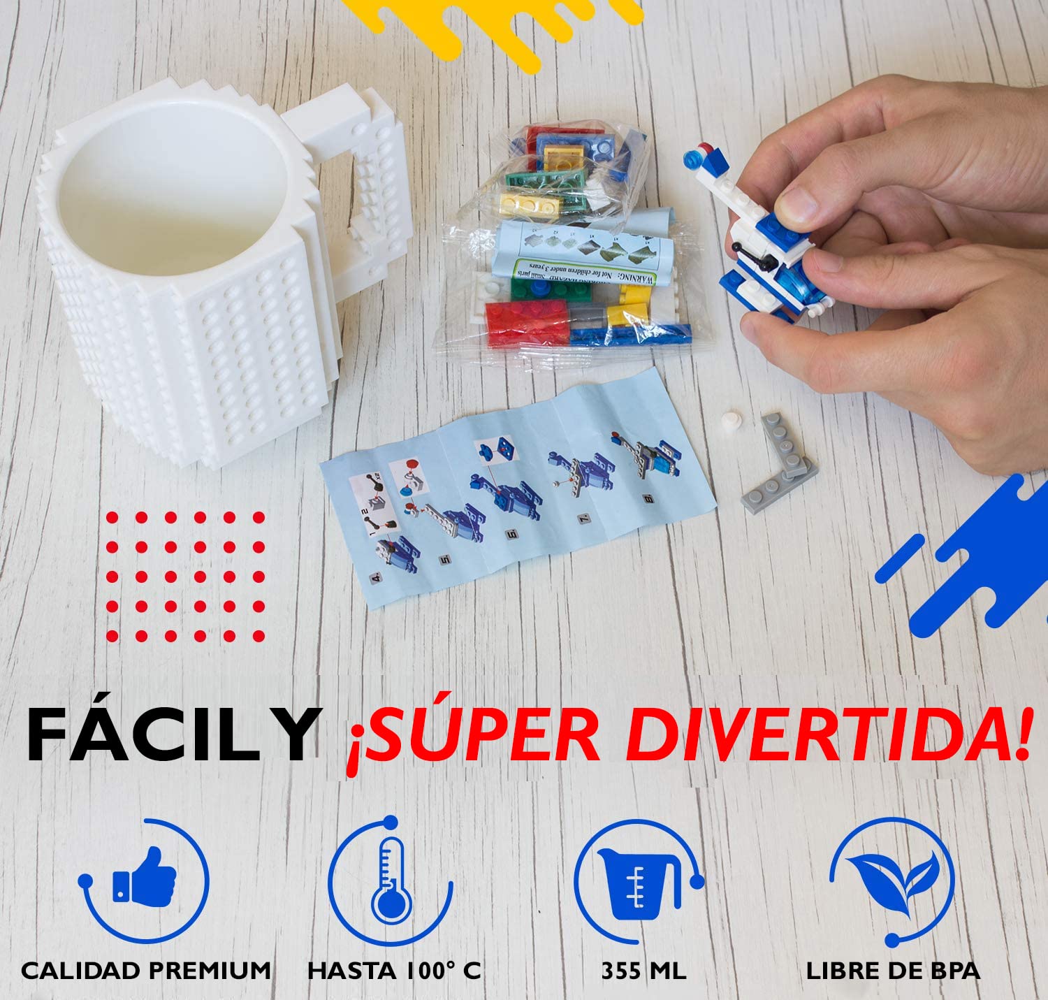 John & John Taza armable de diseño Divertido para Ladrillos, Incluye un muñeco y 2 Sets de Bloques de construcción para Jugar (10 Colores) - Blanco
