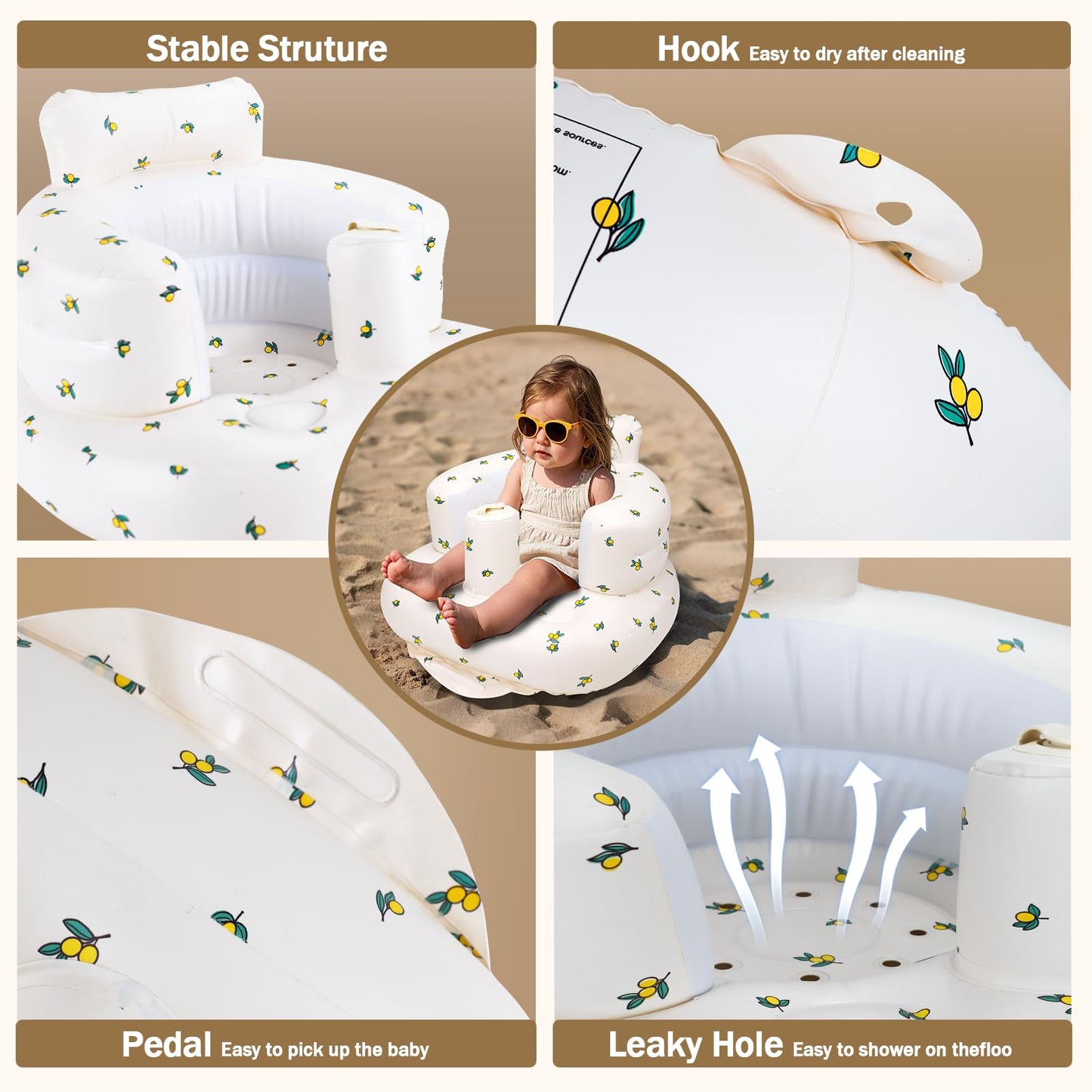 Silla inflable para bebé, asiento inflable AirSwim para bebés de 3 meses en adelante, asiento inflable de verano para sentarse, asiento de piso de bebé con bomba de aire integrada, naranja