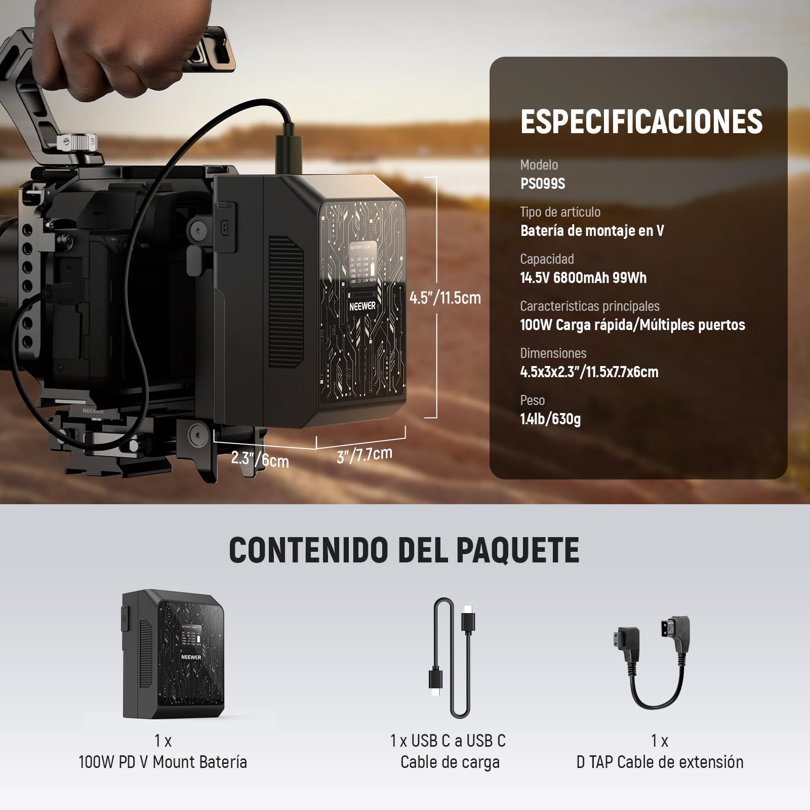 Batería Mini V Mount NEEWER Negra con Control App y Carga Rápida para Cámara y Luz Video