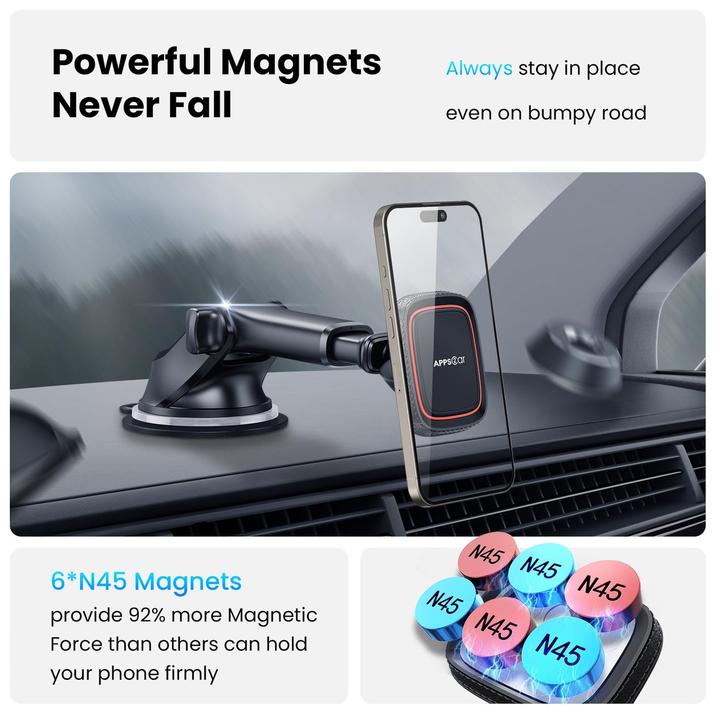 Soporte para Celular APPS2Car Negro Magnético para Automóvil con Ventosa Potente