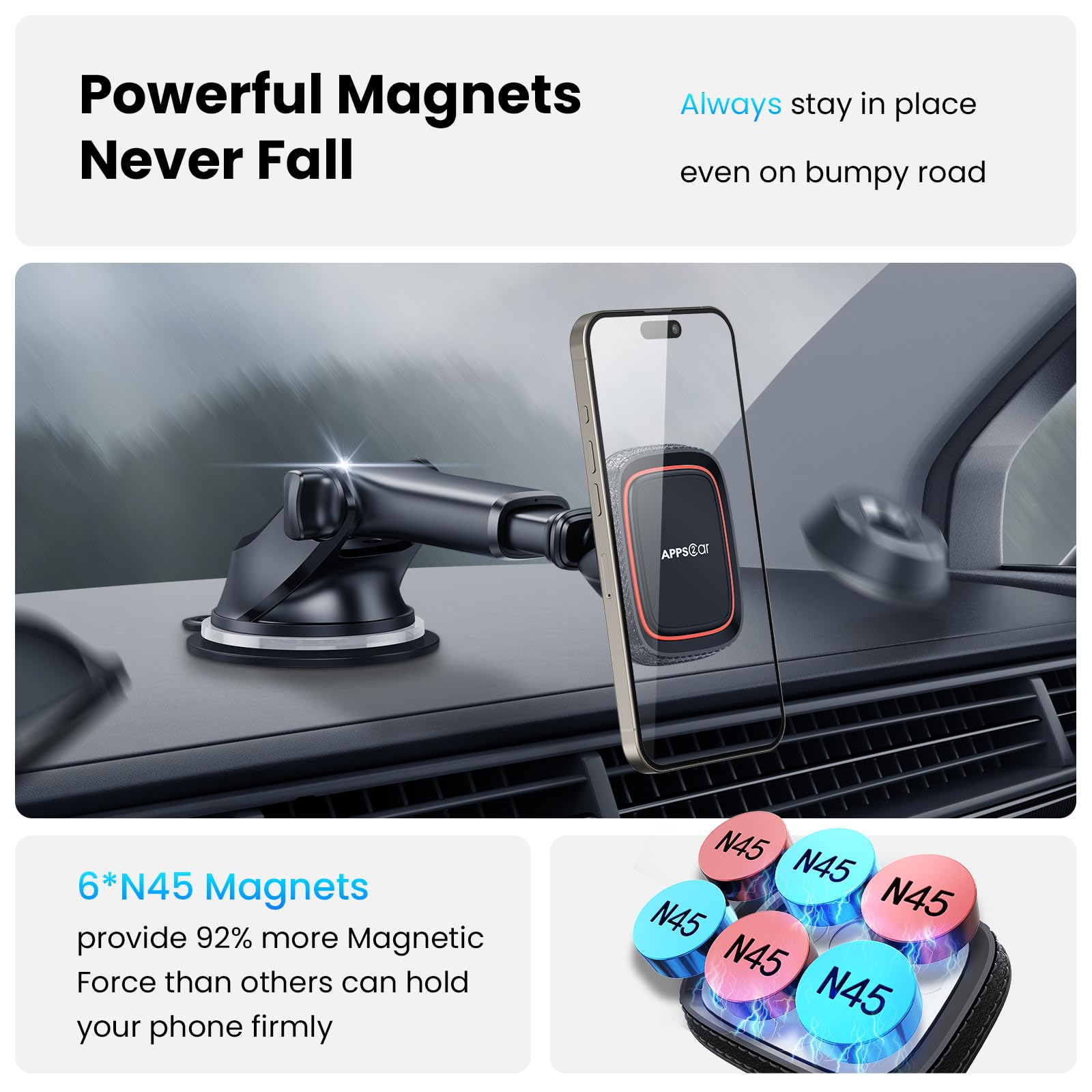 Soporte para Celular APPS2Car Negro Magnético para Automóvil con Ventosa Potente