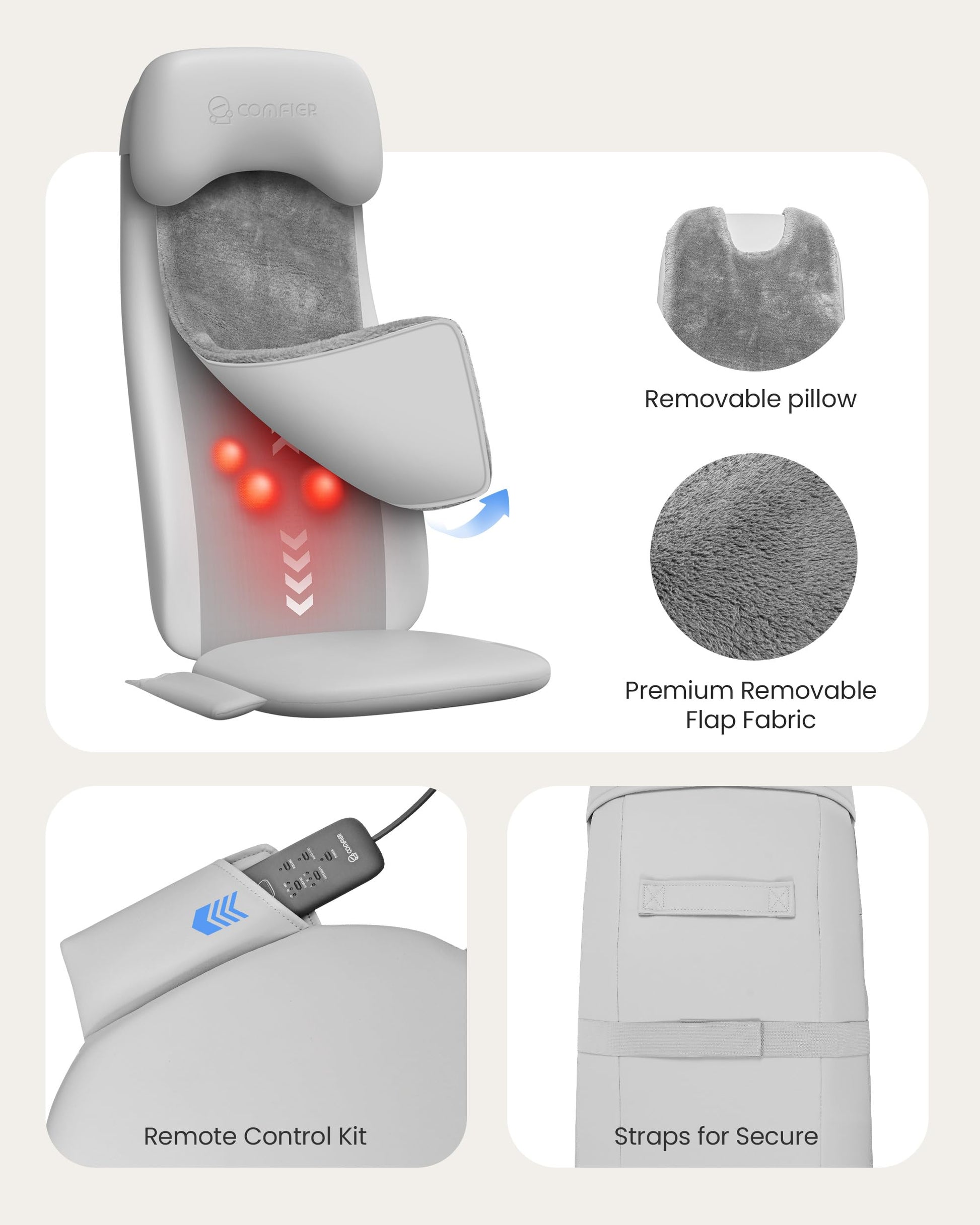 COMFIER - Masajeador de espalda con calor, cojín de asiento de masaje Shiatu 2D/3D, 2 modos de masaje automático, masajeador de espalda completa con vibración, almohadilla de silla de amasamiento de