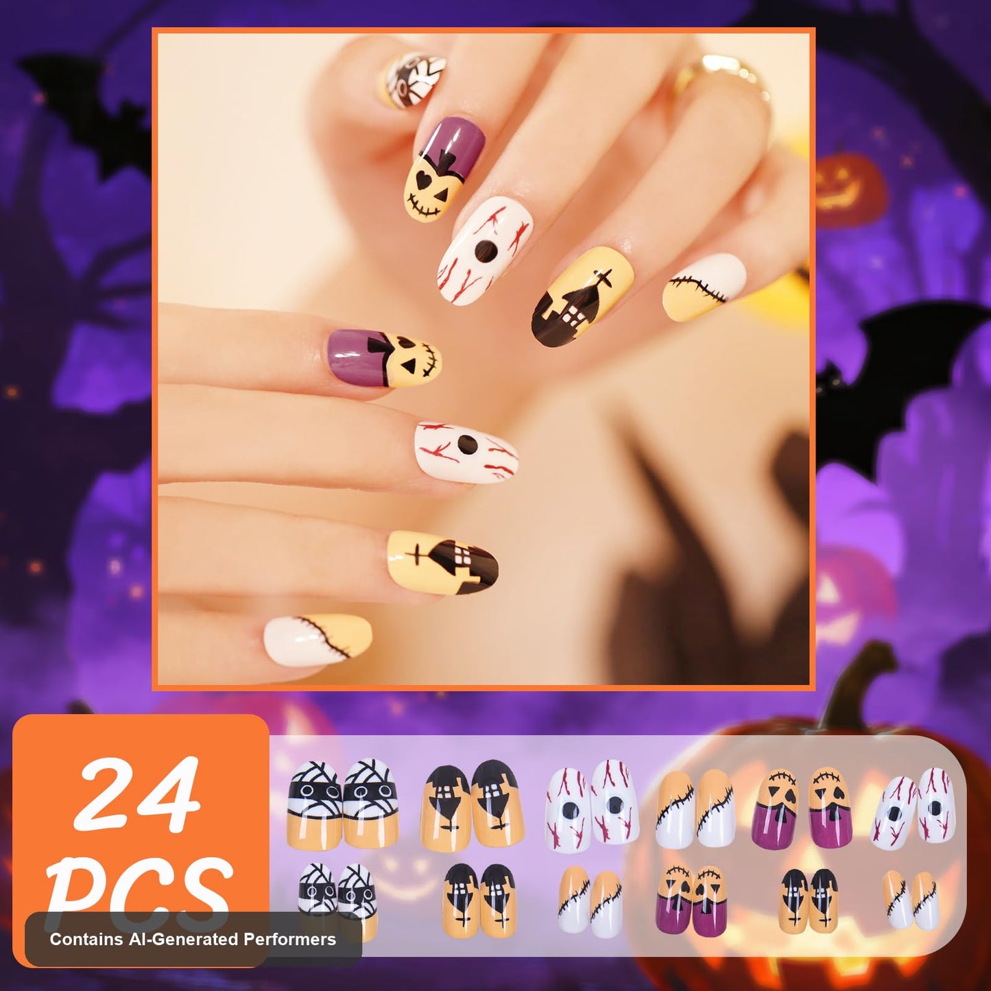 Muswarm Uñas postizas de Halloween, tamaño mediano, cortas y cuadradas, 24 piezas con calabaza, araña y casa embrujada, decoración de Halloween, con herramientas, amarillo, negro y blanco.