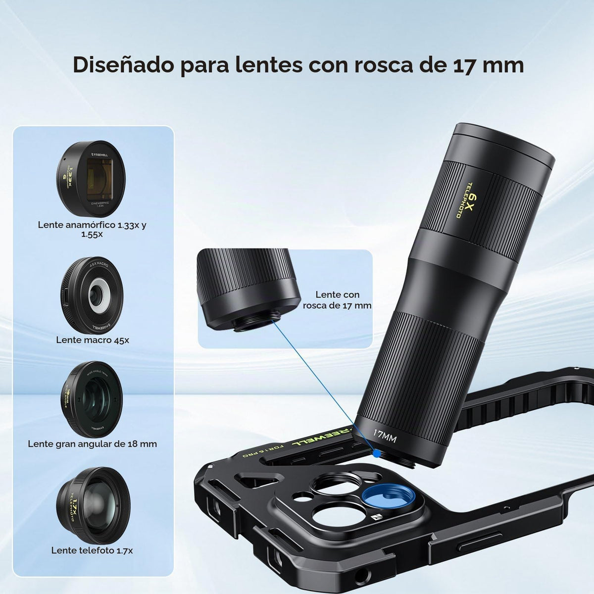 Rig Cage Freewell iPhone 16 Pro Negro Configuración sin Herramientas con Asas Multifuncionales y Control Remoto Bluetooth