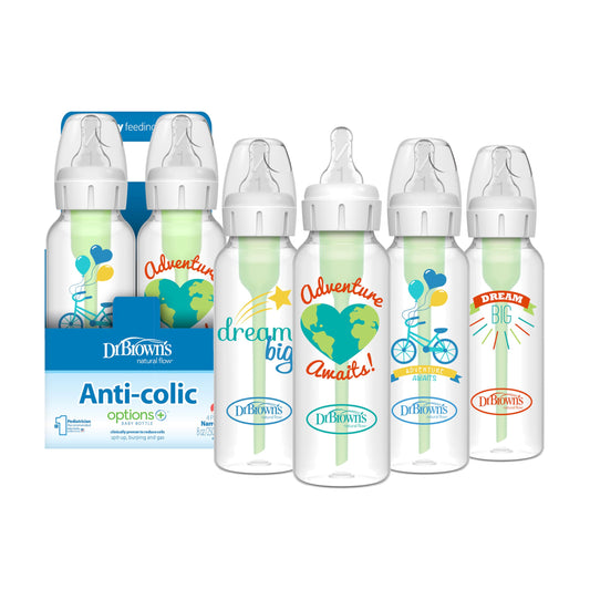 Dr. Brown's Opciones anticólicos + biberones estrechos, 0 m+ nivel 1 pezón – botella para reducir los cólicos, paquete de 4, 8 onzas, diseños de aventura de ensueño