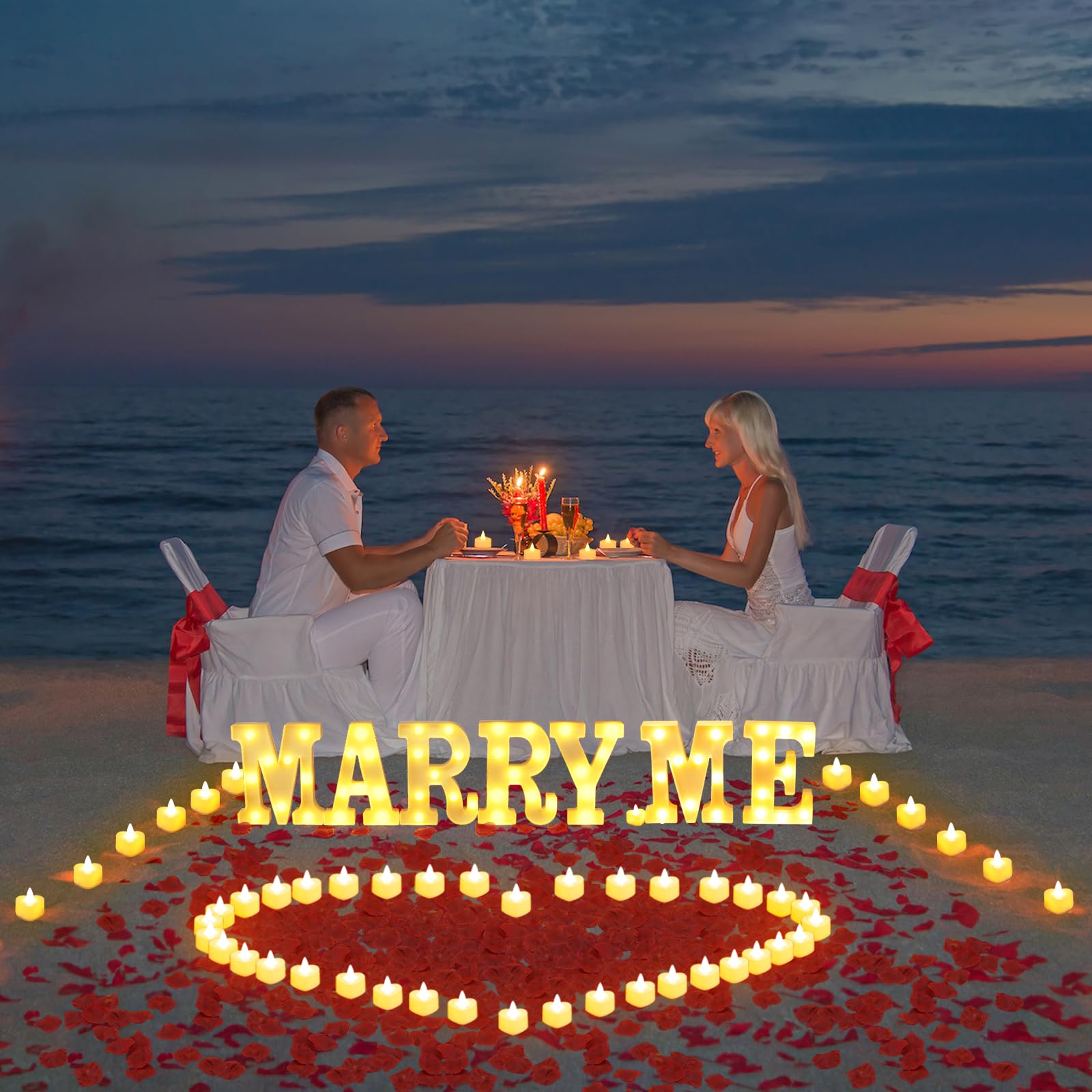 LAMATY 2031 piezas de decoración de propuesta de letras iluminadas, letrero de casarme con 24 velas sin llama de corazón, 2000 pétalos de rosa para propuesta de boda, decoración romántica de noche