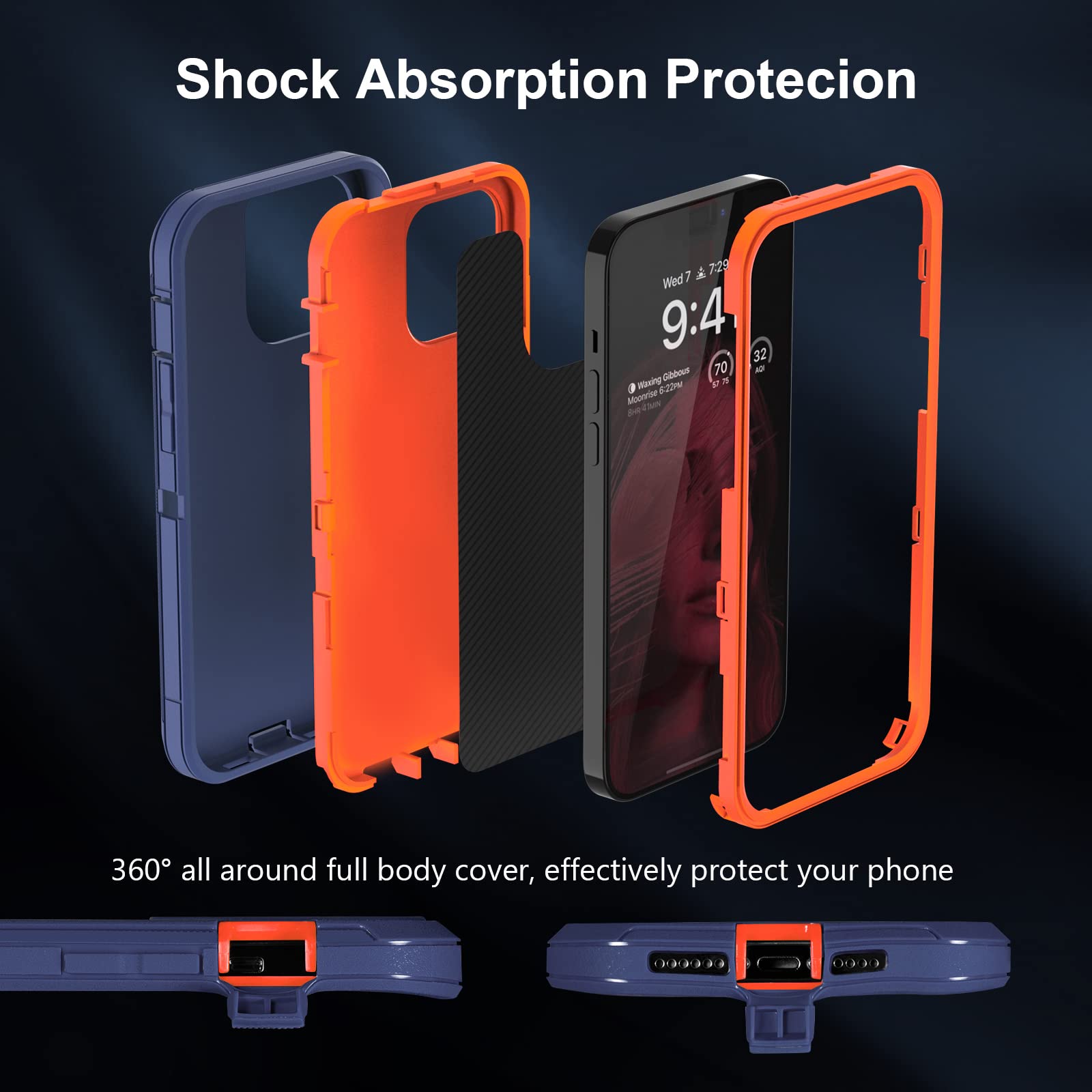 Sansunto - Funda compatible con iPhone 13 Pro Max, iPhone 12 Pro Max de 3 capas de cuerpo completo, armadura híbrida, resistente, duradera, resistente para hombres y mujeres. (Azul marino/naranja)