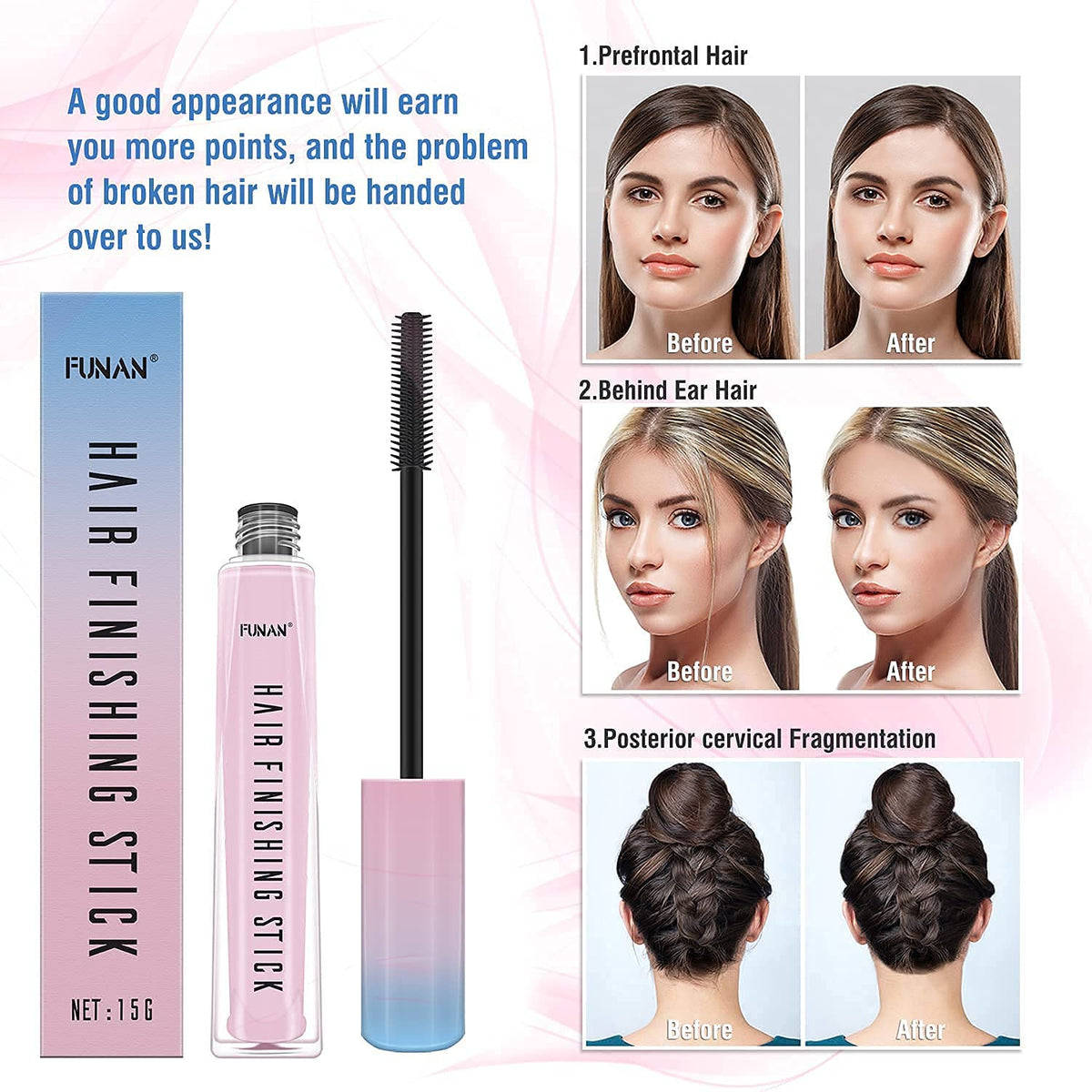 FUNAN 2 barras de acabado de cabello, para cabello pequeño roto, barra de acabado de cabello roto, naturalmente refrescante, no graso y no pegajoso